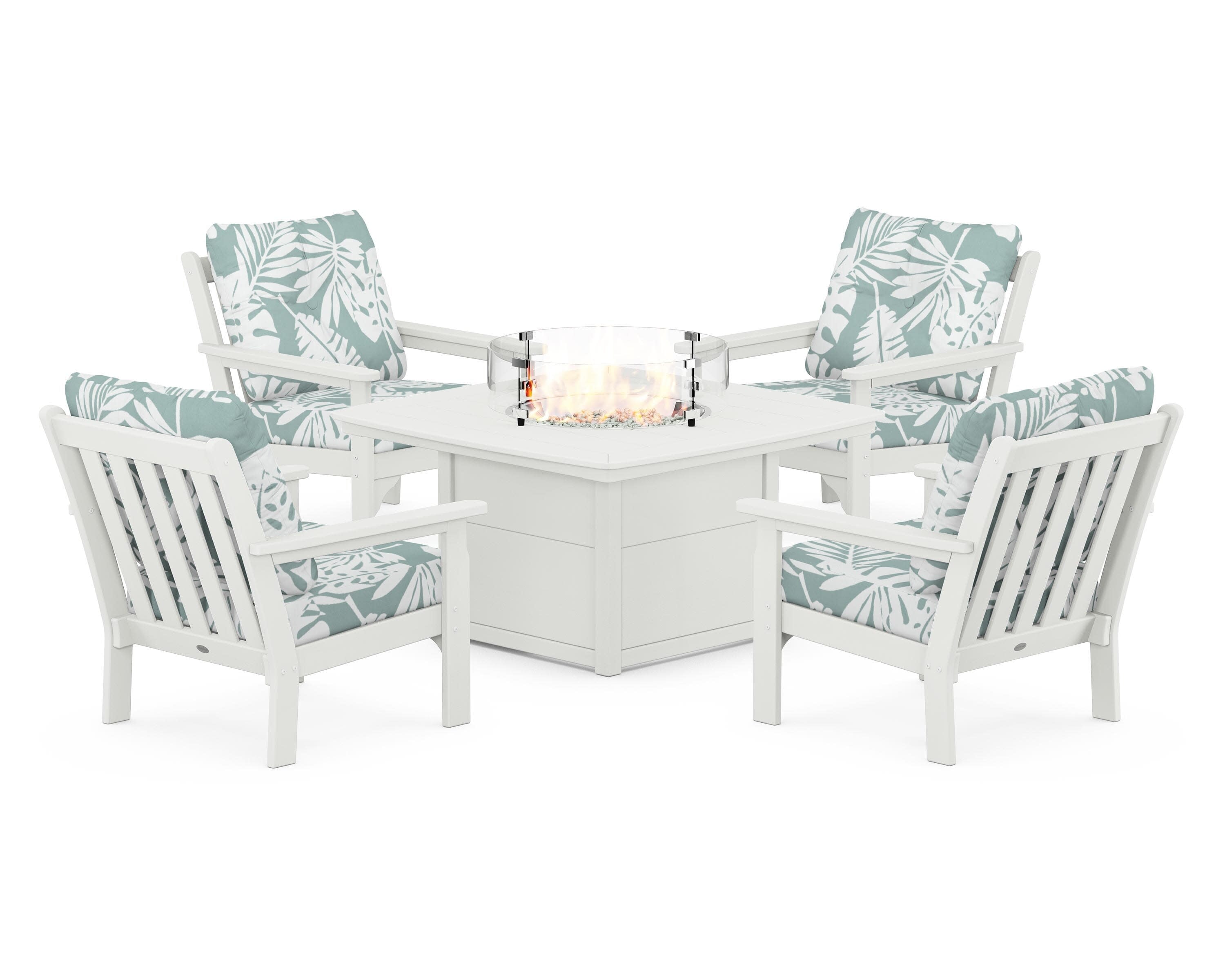 Vineyard 5-Piece Conversation Set with Fire Pit Table in Vintage White / Leaf Glacier Spa