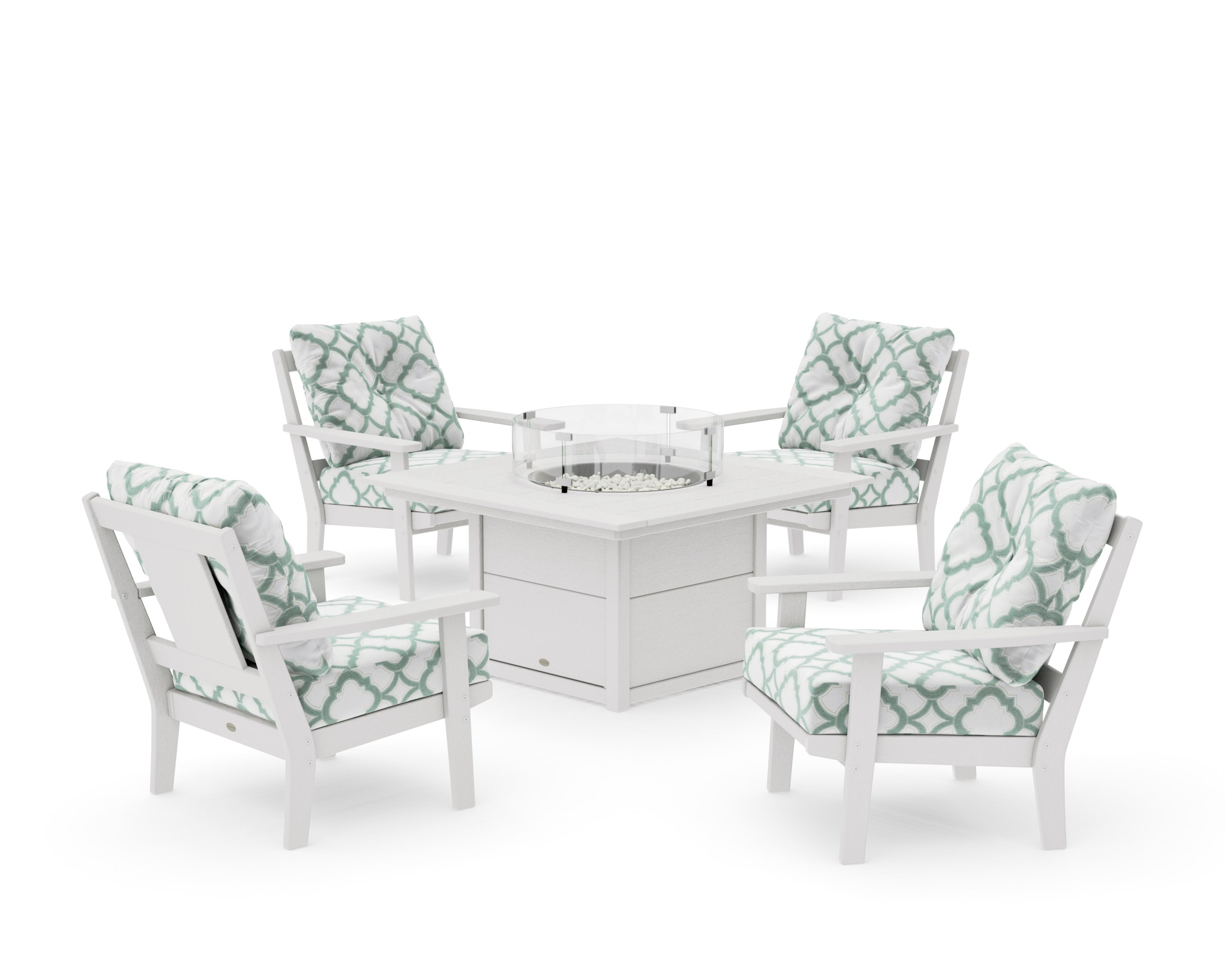 Prairie 5-Piece Deep Seating Set with Fire Pit Table in Vintage White / Trellis Glacier Spa
