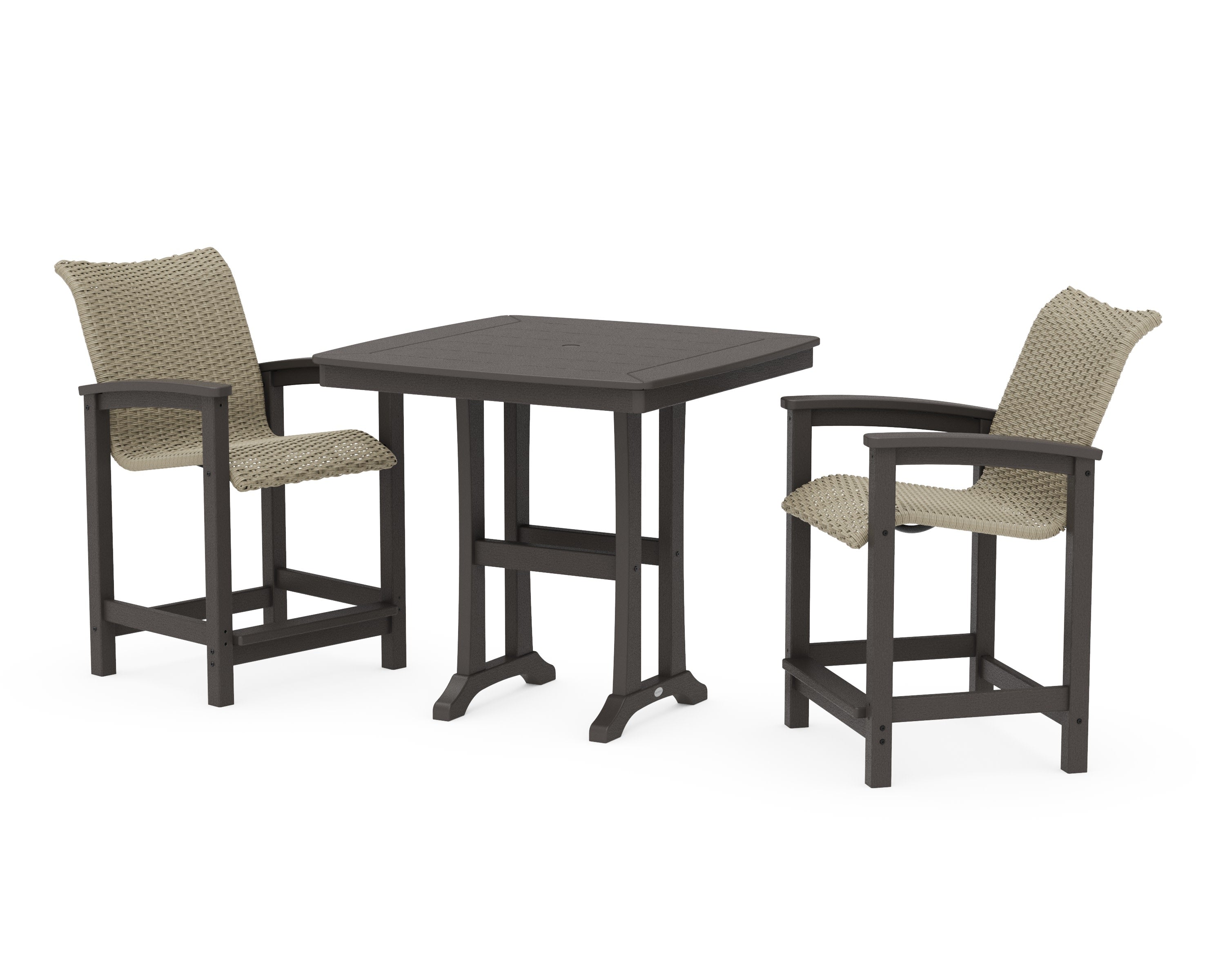 Coastal Woven 3-Piece Counter Set with Trestle Legs in Vintage Coffee / Dune Grass