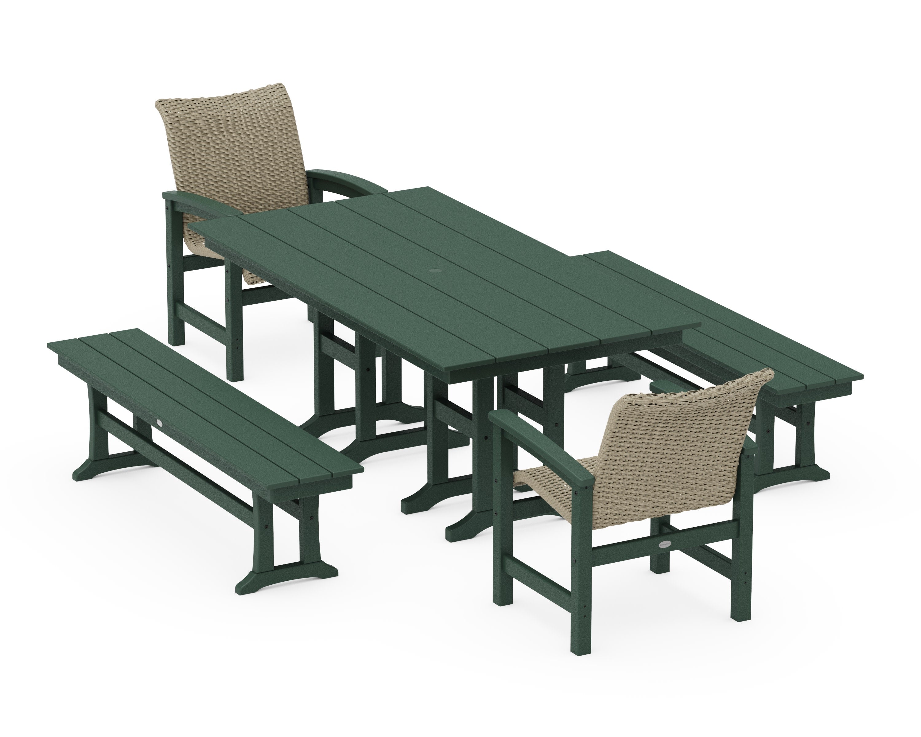 Coastal Woven 5-Piece Farmhouse Dining Set with Benches in Green / Dune Grass