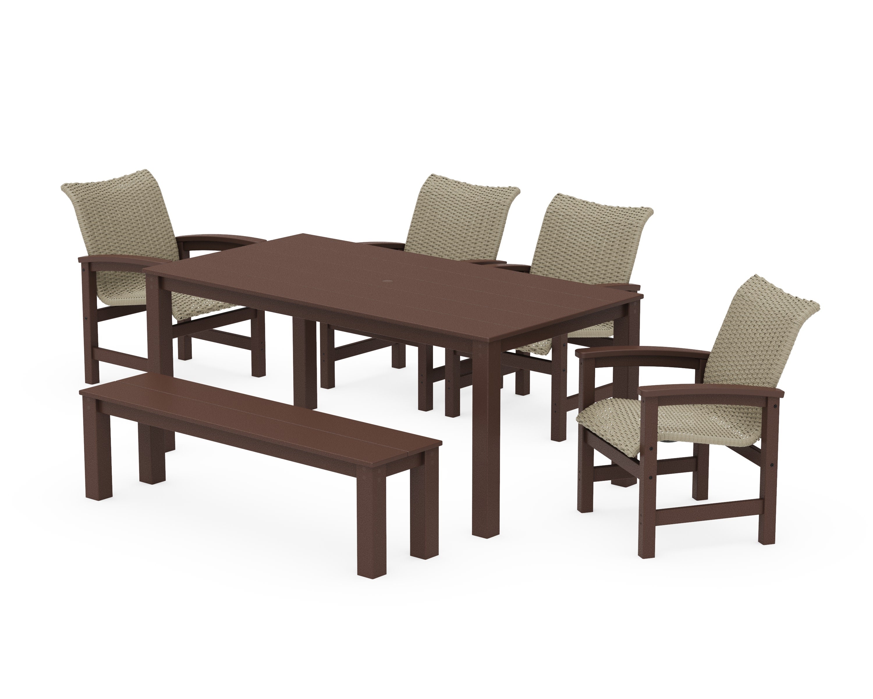 Coastal Woven 6-Piece Parsons Dining Set with Bench in Mahogany / Dune Grass