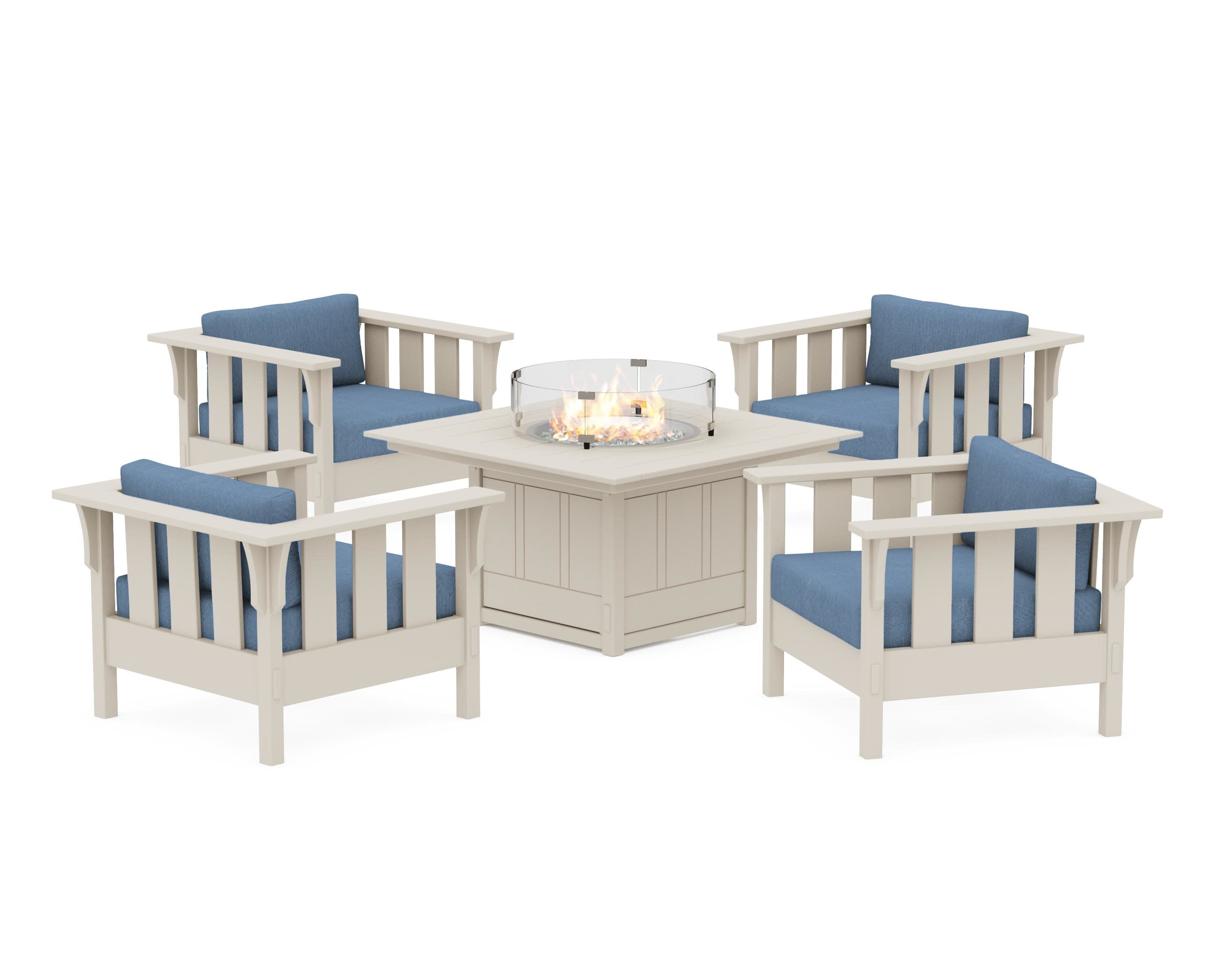 Acadia 5-Piece Deep Seating Set with Fire Pit Table in Sand / Sky Blue