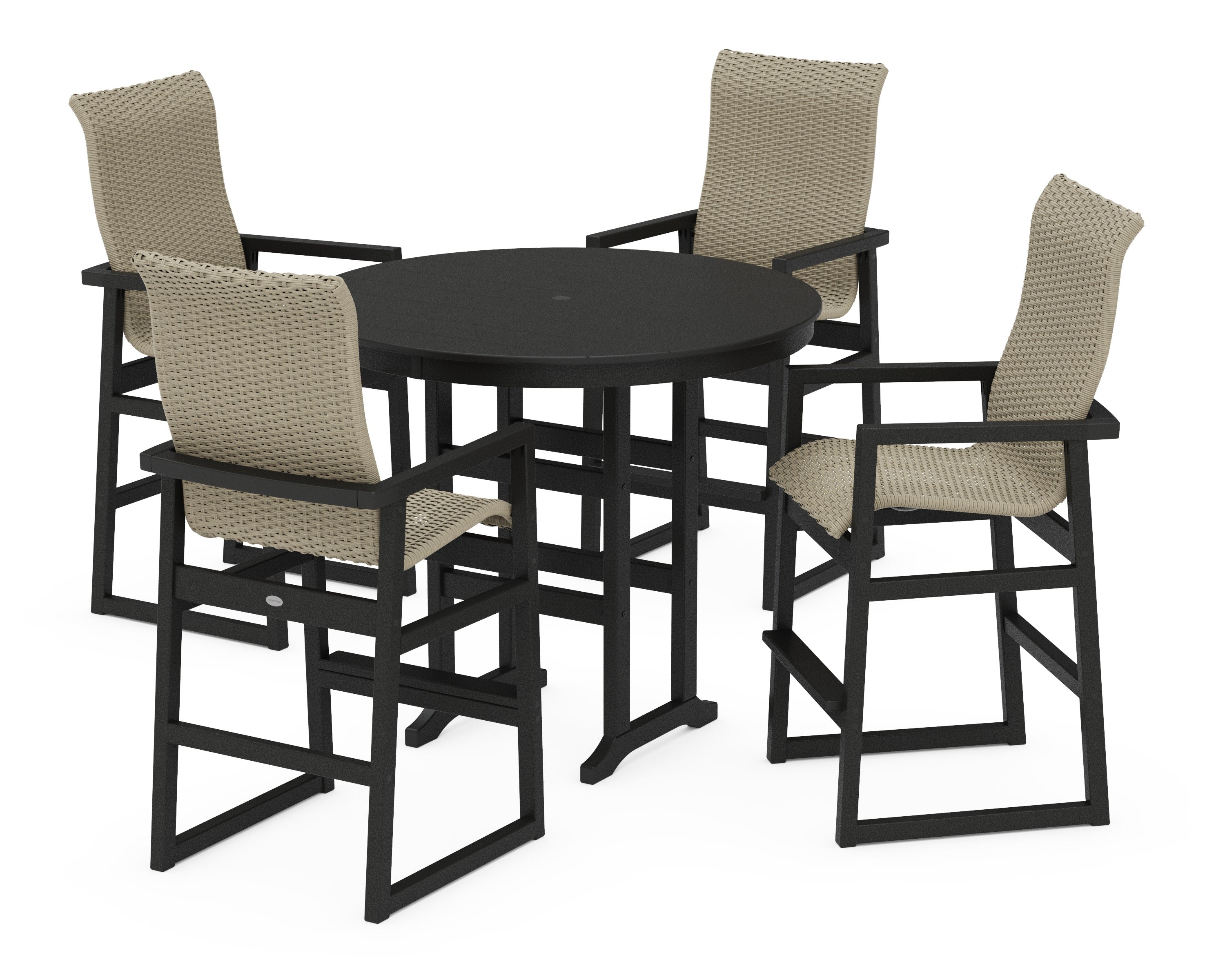 EDGE Woven Highback 5-Piece Round Farmhouse Bar Set in Black / Dune Grass