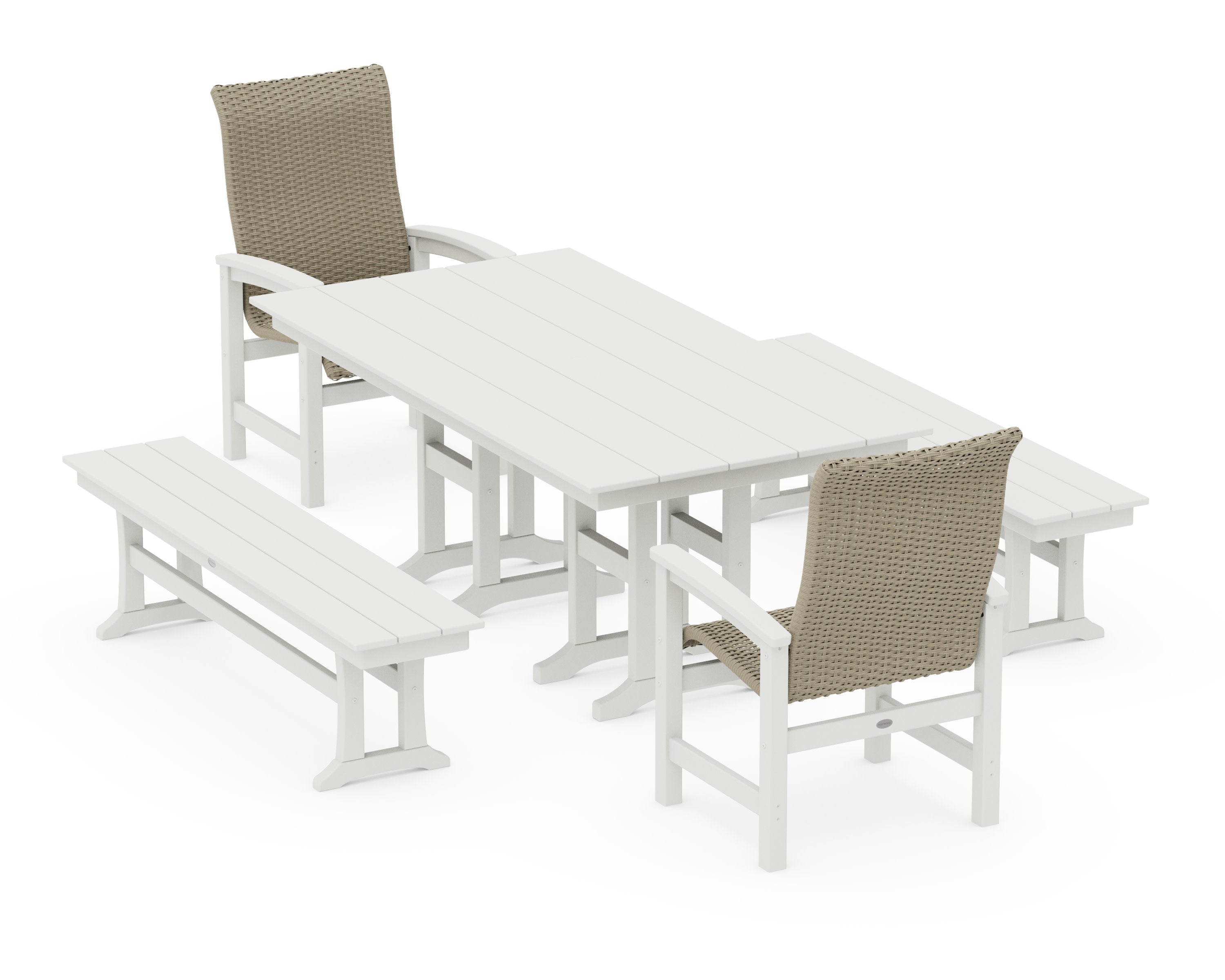 Coastal Woven High-Back 5-Piece Farmhouse Dining Set with Benches in White / Dune Grass