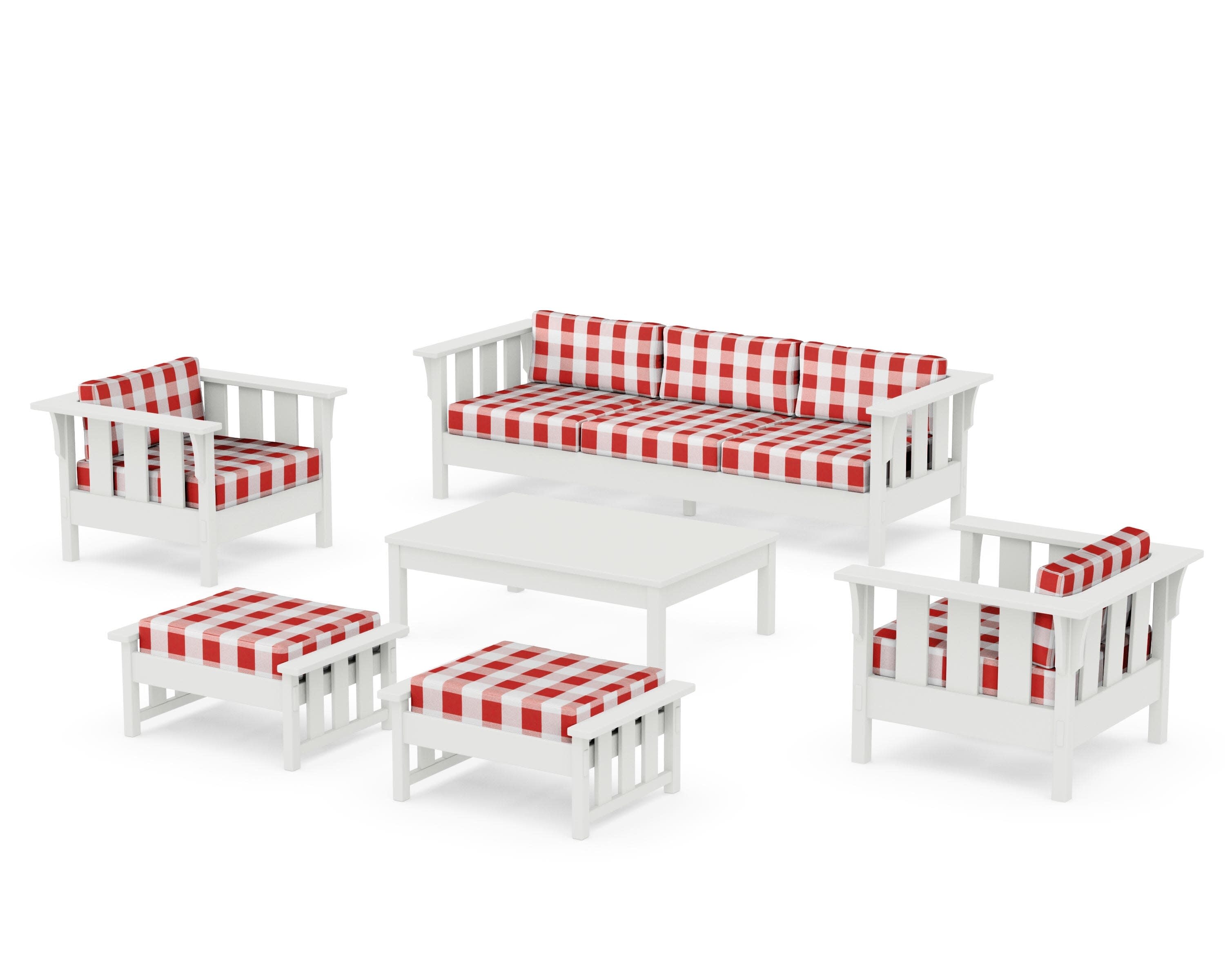 Acadia 6-Piece Lounge Sofa Set in Vintage White / Buffalo Plaid Crimson