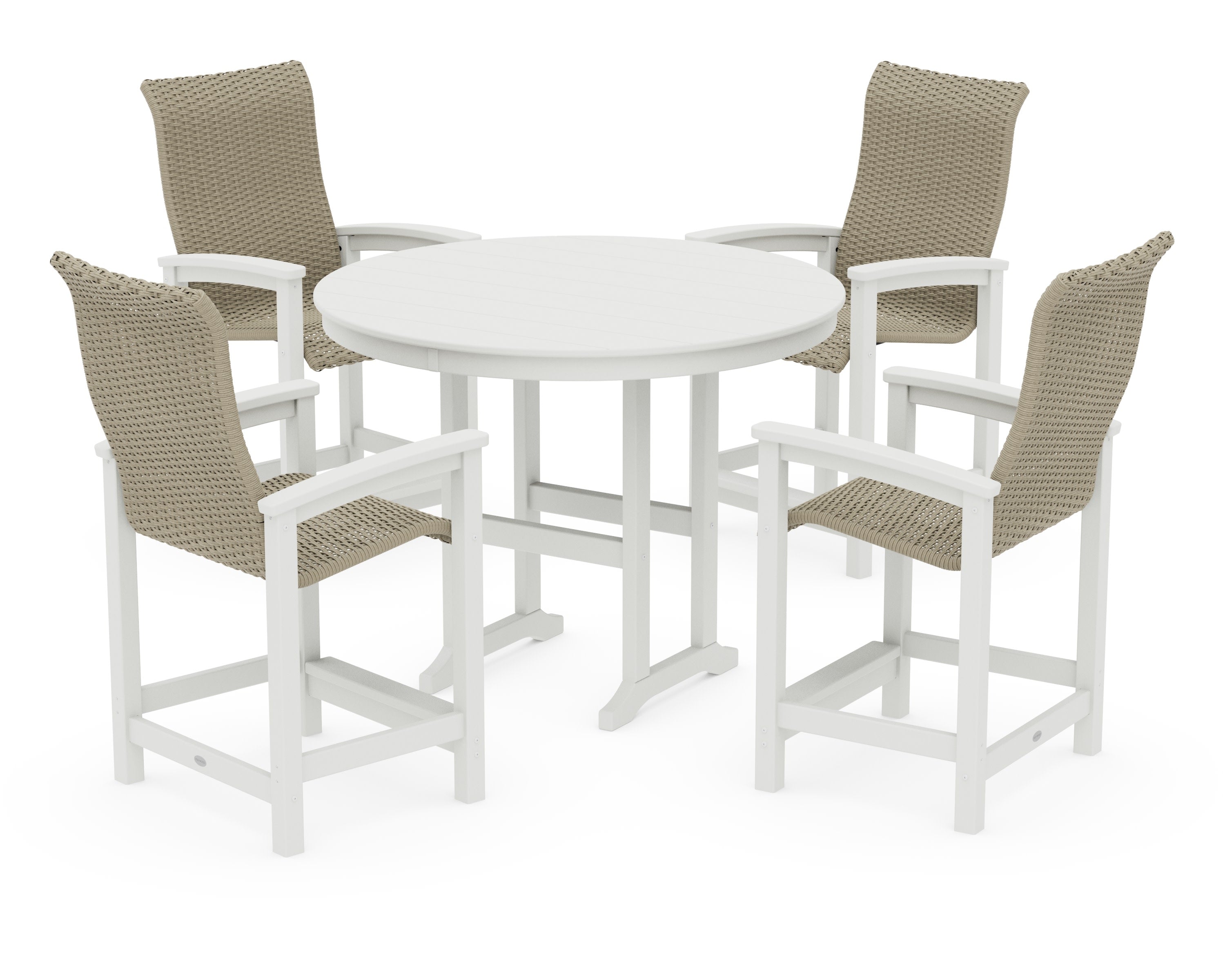 Coastal Woven High-Back 5-Piece Round Farmhouse Counter Set in White / Dune Grass