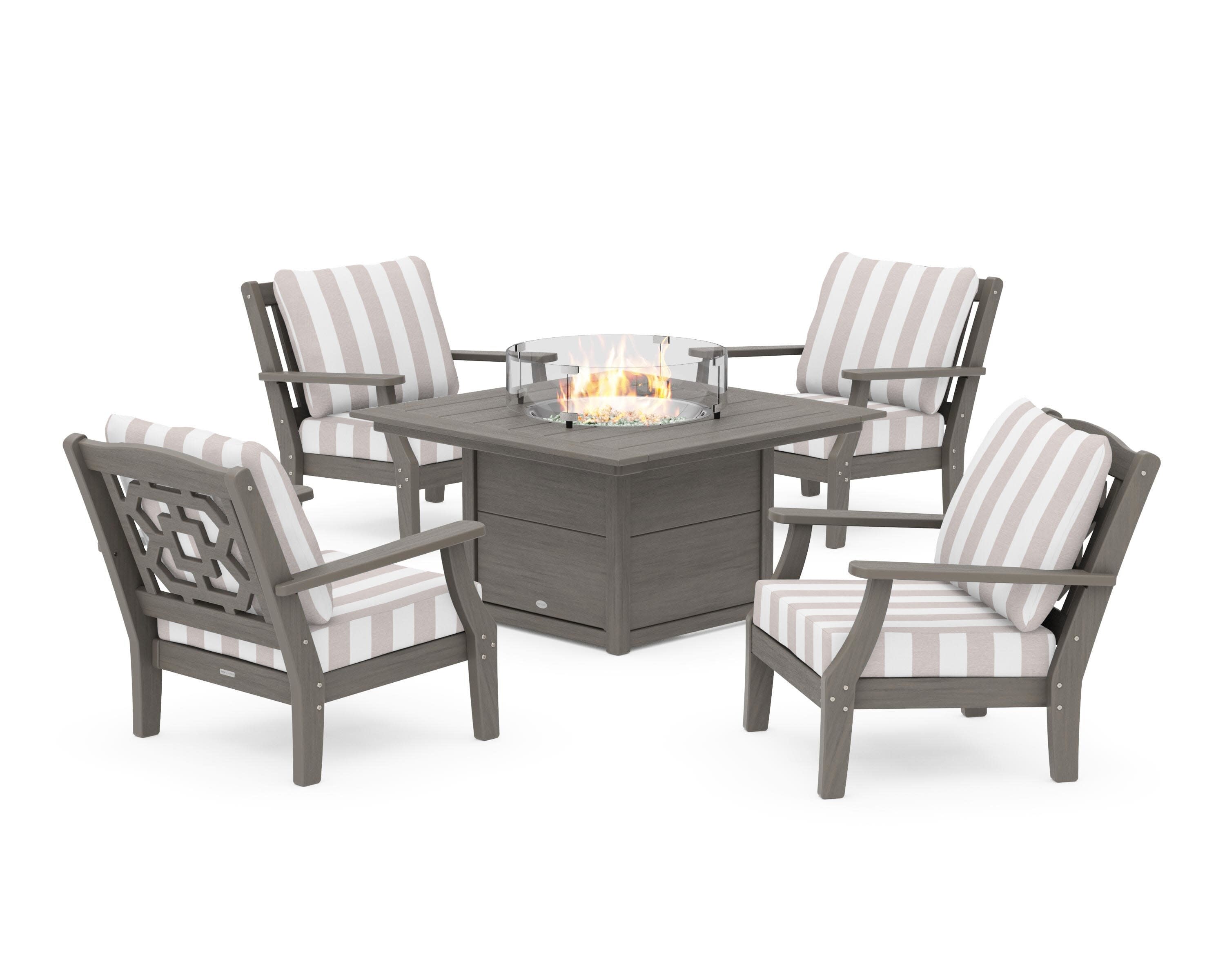 Chinoiserie 5-Piece Deep Seating Set with Fire Pit Table in Driftwood / Cabana Stripe Dune Burlap