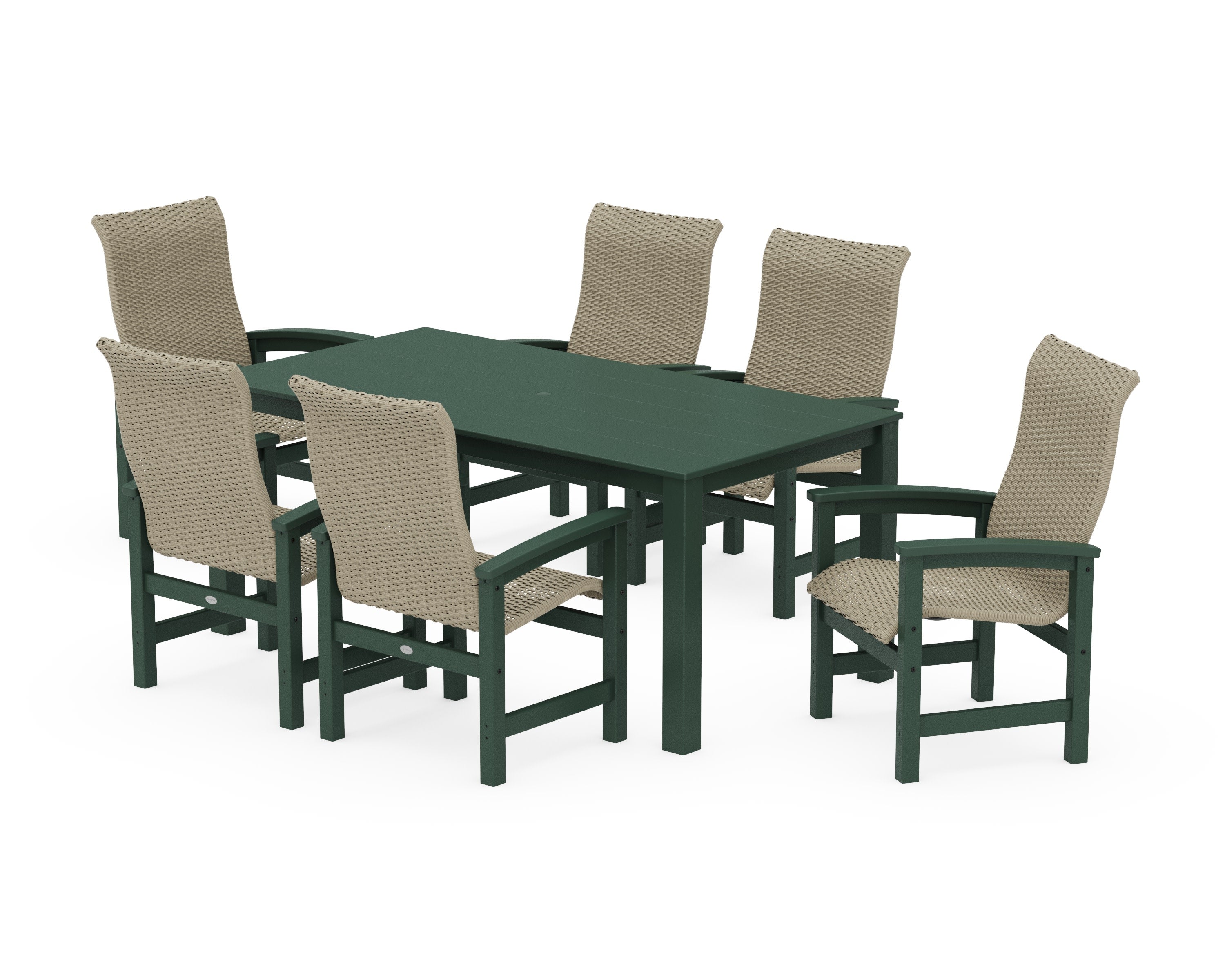 Coastal Woven High-Back Arm Chair 7-Piece Parsons Dining Set in Green / Dune Grass