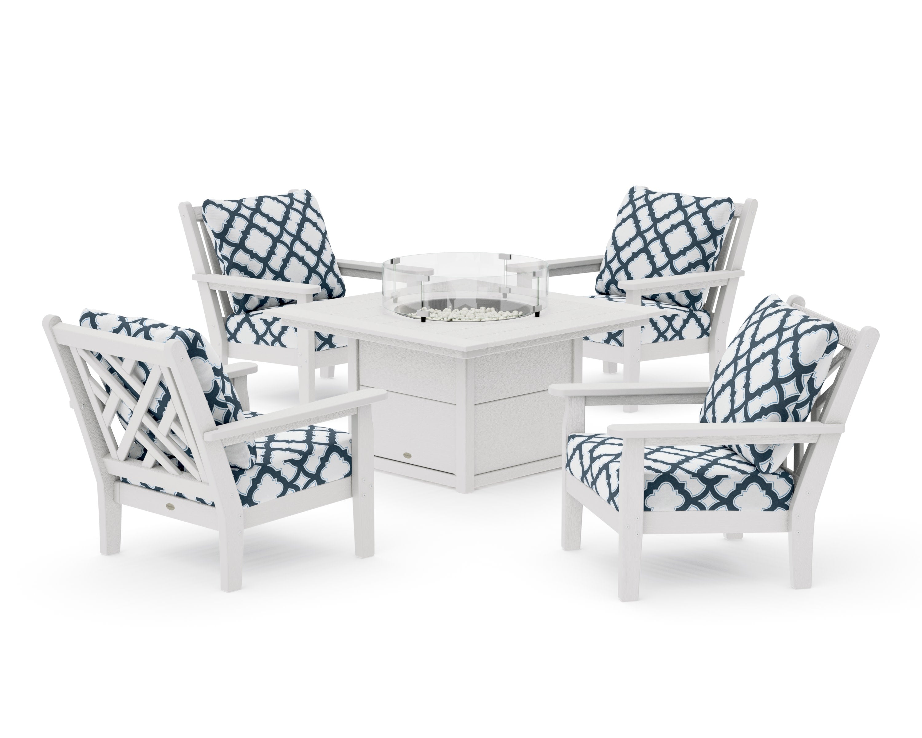 Chippendale 5-Piece Deep Seating Set with Fire Pit Table in Vintage White / Trellis Marine Indigo