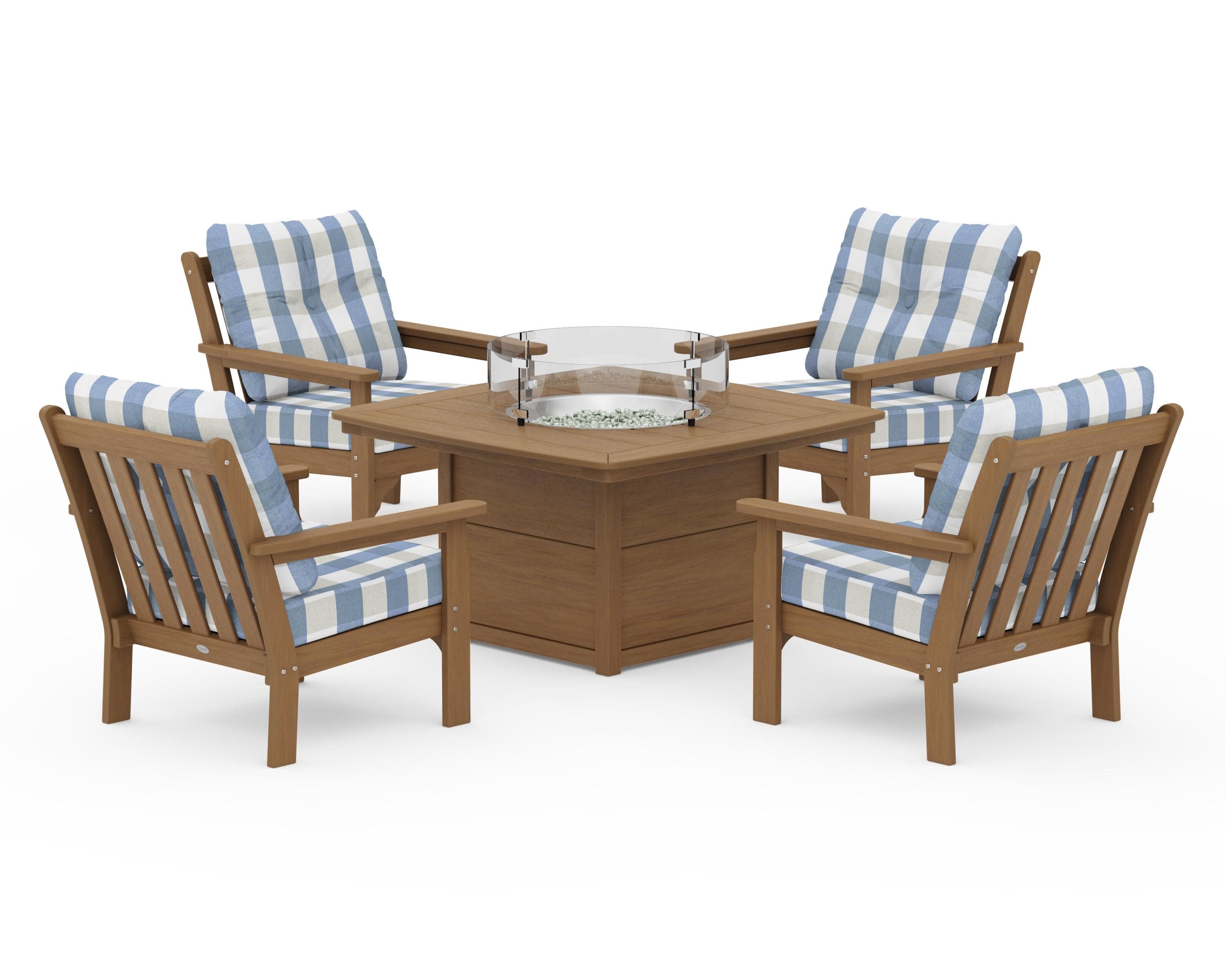 Vineyard 5-Piece Conversation Set with Fire Pit Table in Natural / Buffalo Plaid Sky Blue