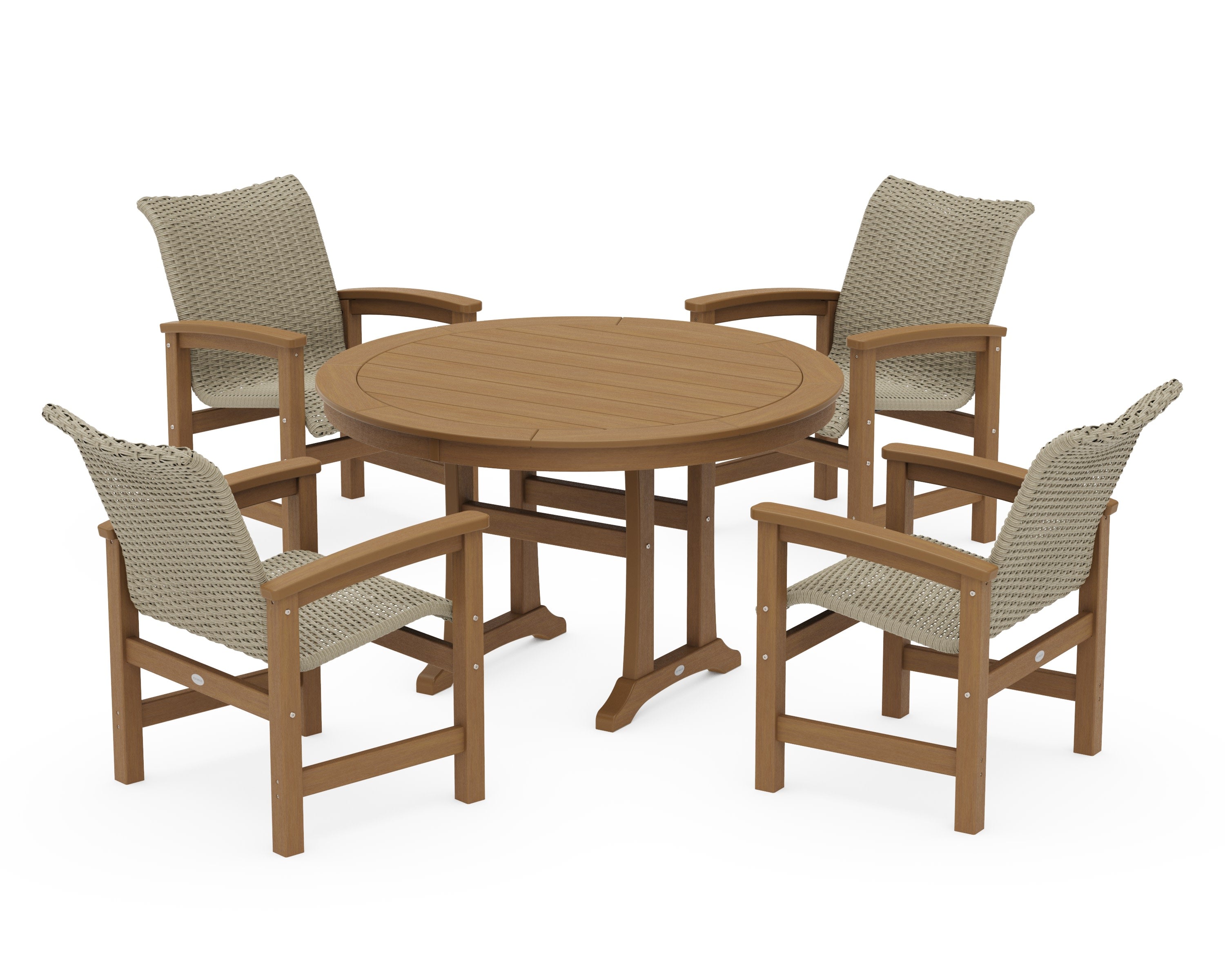 Coastal Woven 5-Piece Round Dining Set with Trestle Legs in Natural / Dune Grass