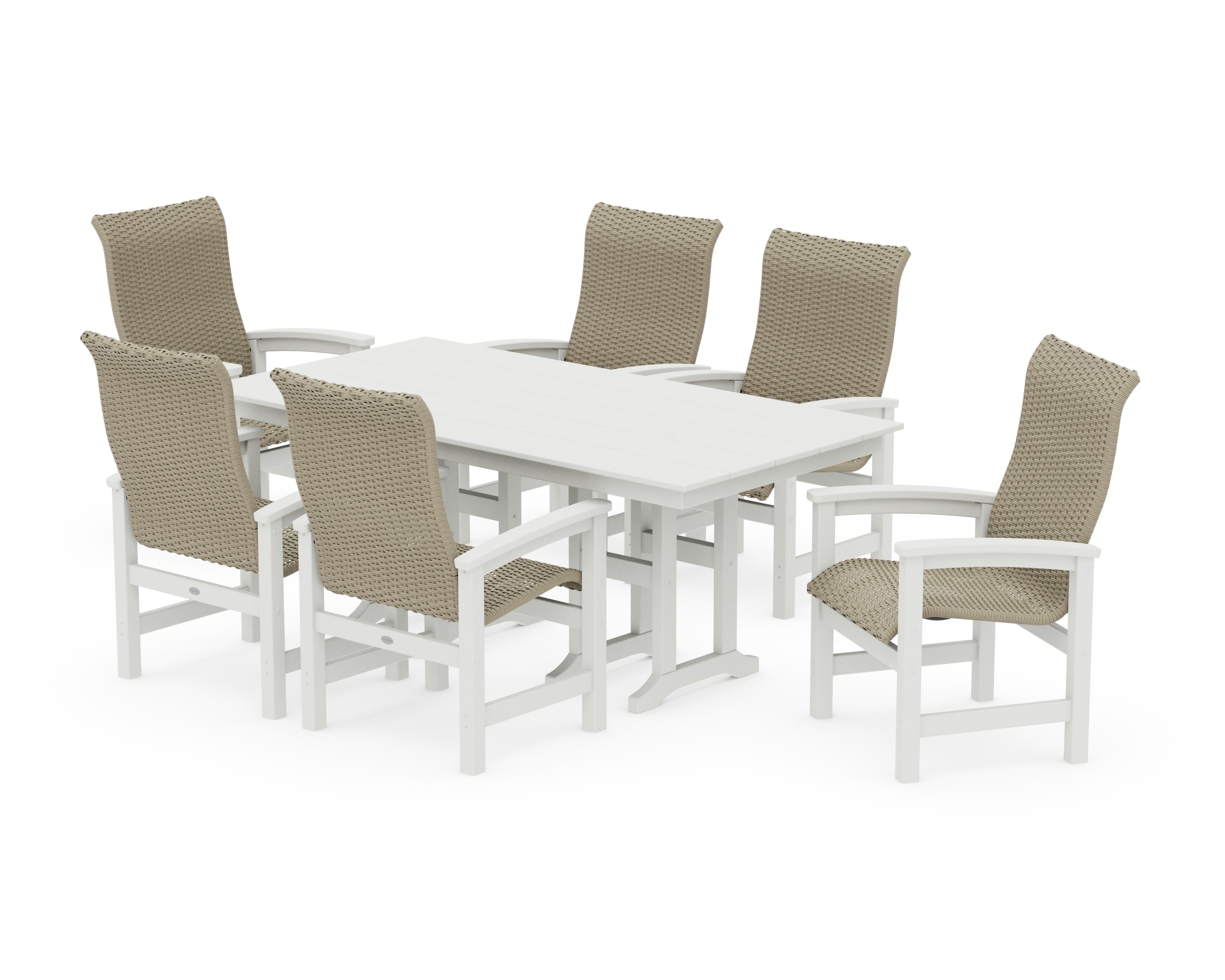 Coastal Woven High-Back Arm Chair 7-Piece Farmhouse Dining Set in Vintage White / Dune Grass