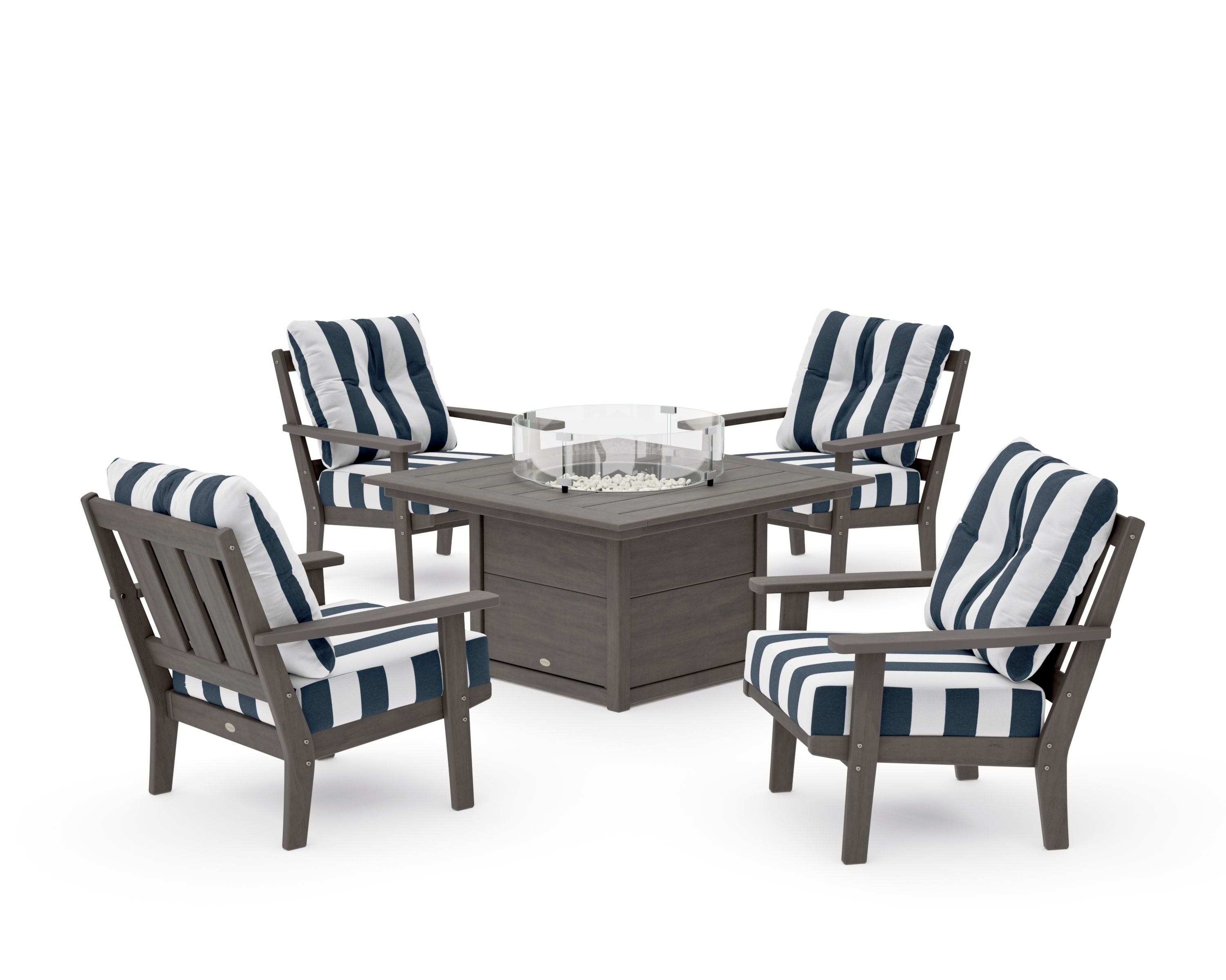 Oxford 5-Piece Deep Seating Set with Fire Pit Table in Driftwood / Cabana Stripe Marine Indigo