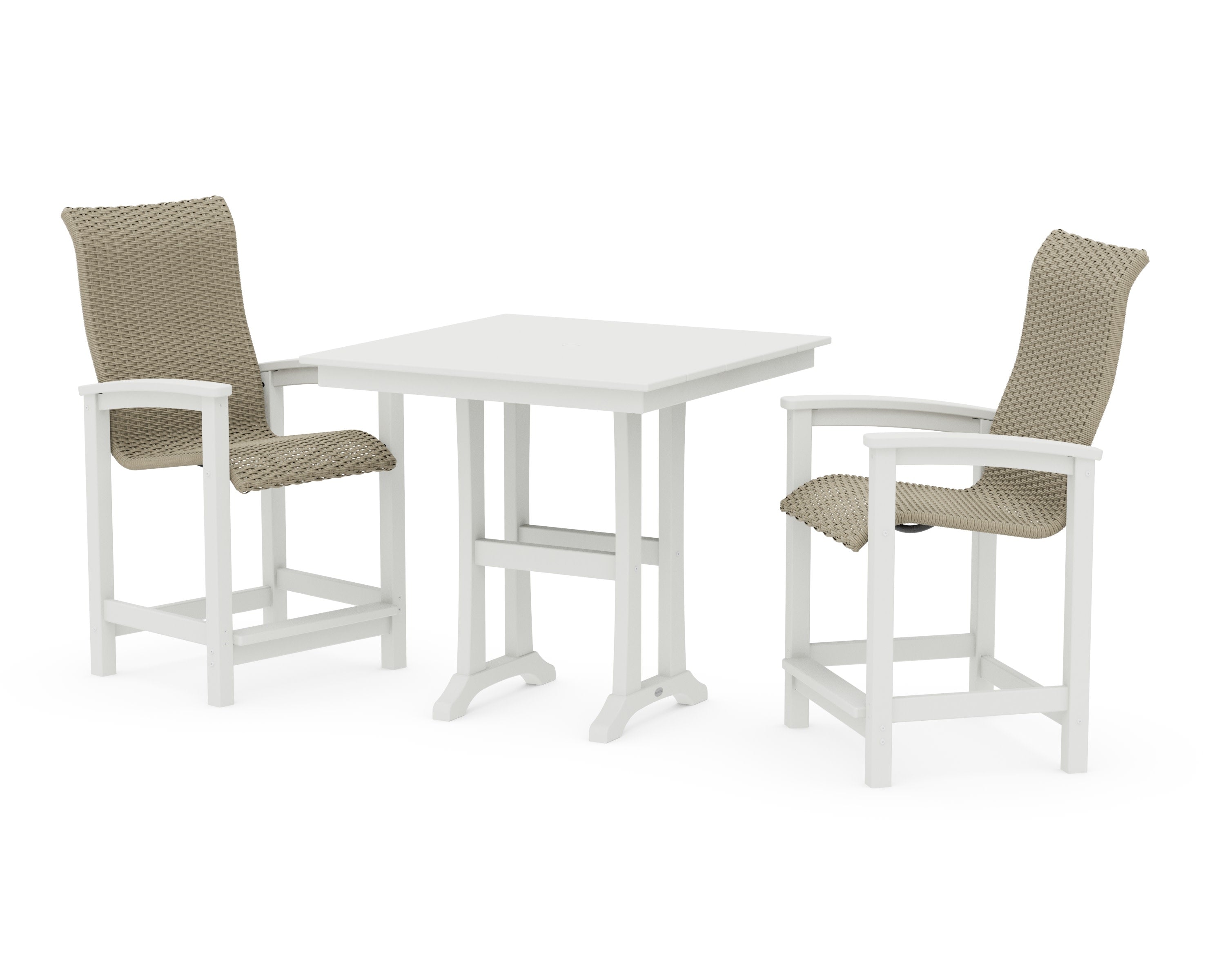 Coastal Woven High-Back 3-Piece Farmhouse Counter Set with Trestle Legs in White / Dune Grass