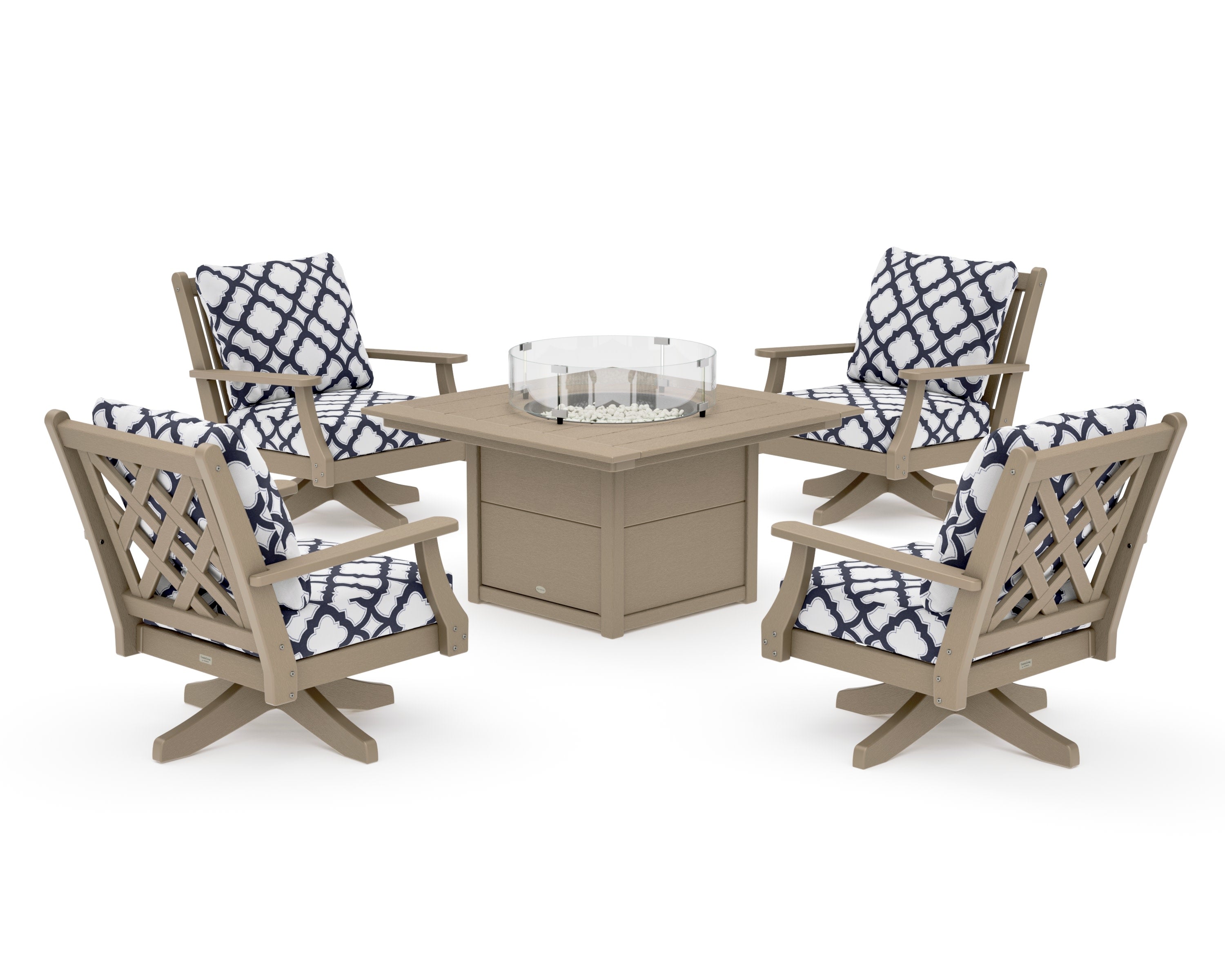 Wovendale 5-Piece Deep Seating Swivel Conversation Set with Fire Pit Table in Vintage Sahara / Trellis Navy