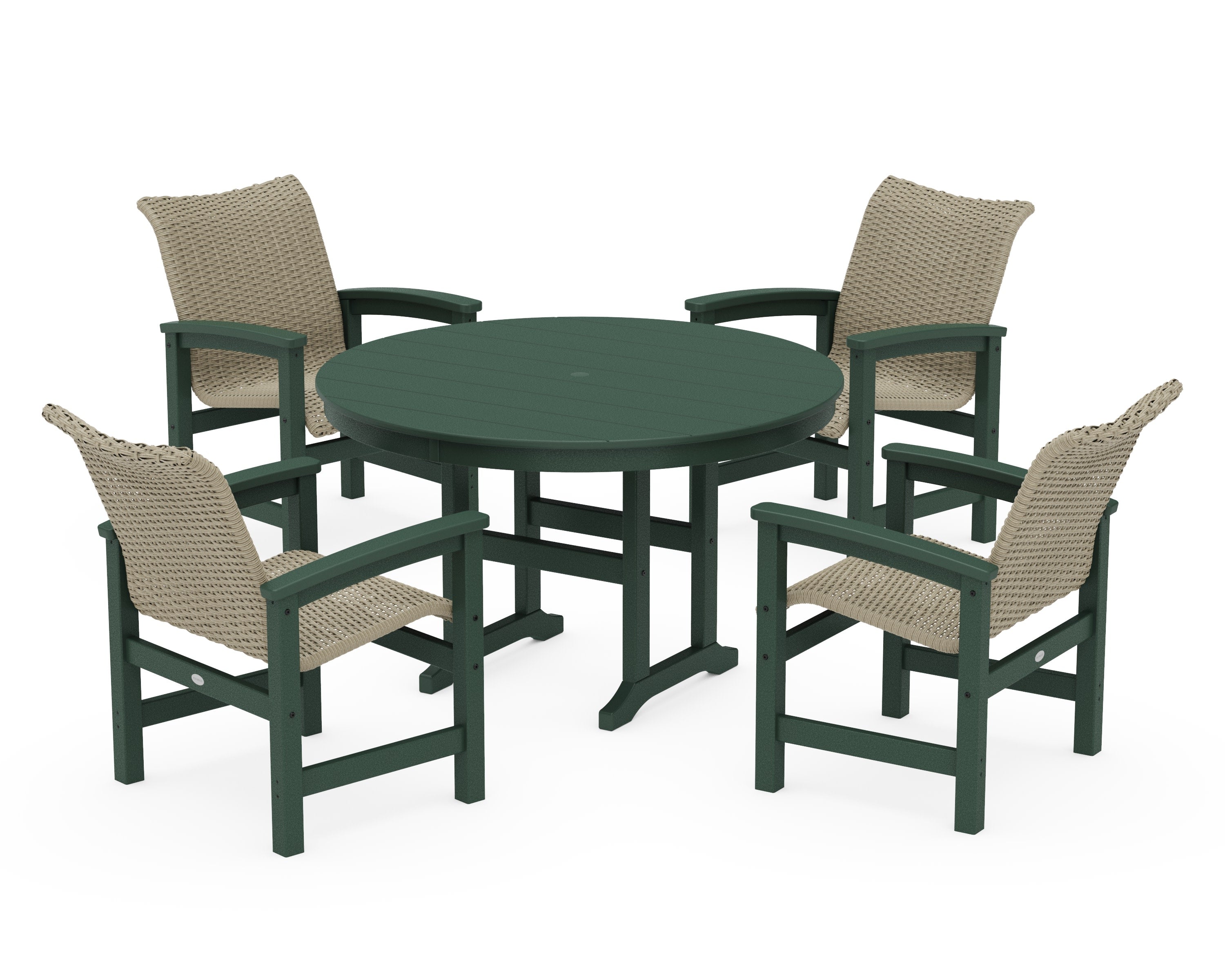 Coastal Woven 5-Piece Round Farmhouse Dining Set in Green / Dune Grass