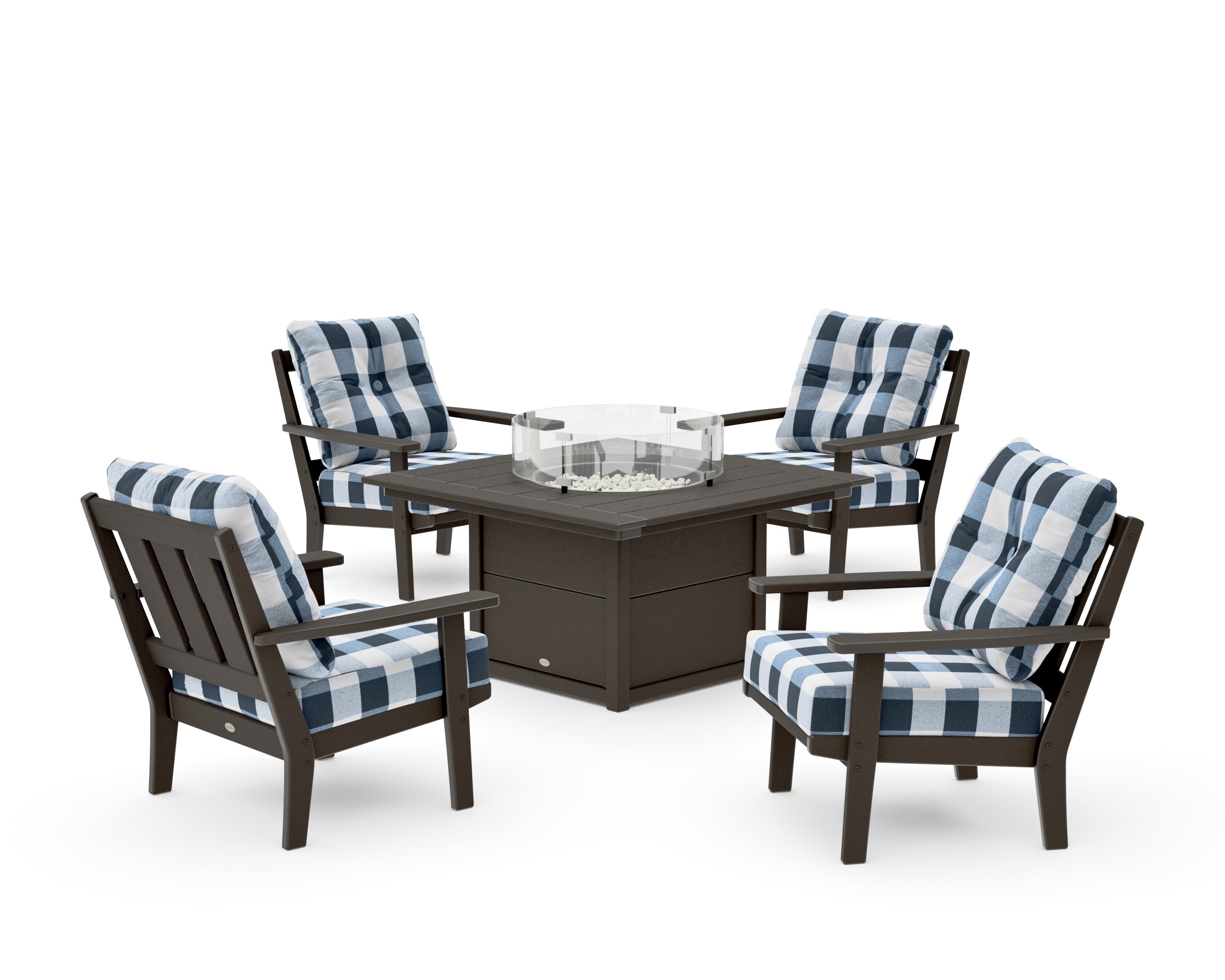 Oxford 5-Piece Deep Seating Set with Fire Pit Table in Vintage Coffee / Buffalo Plaid Marine Indigo