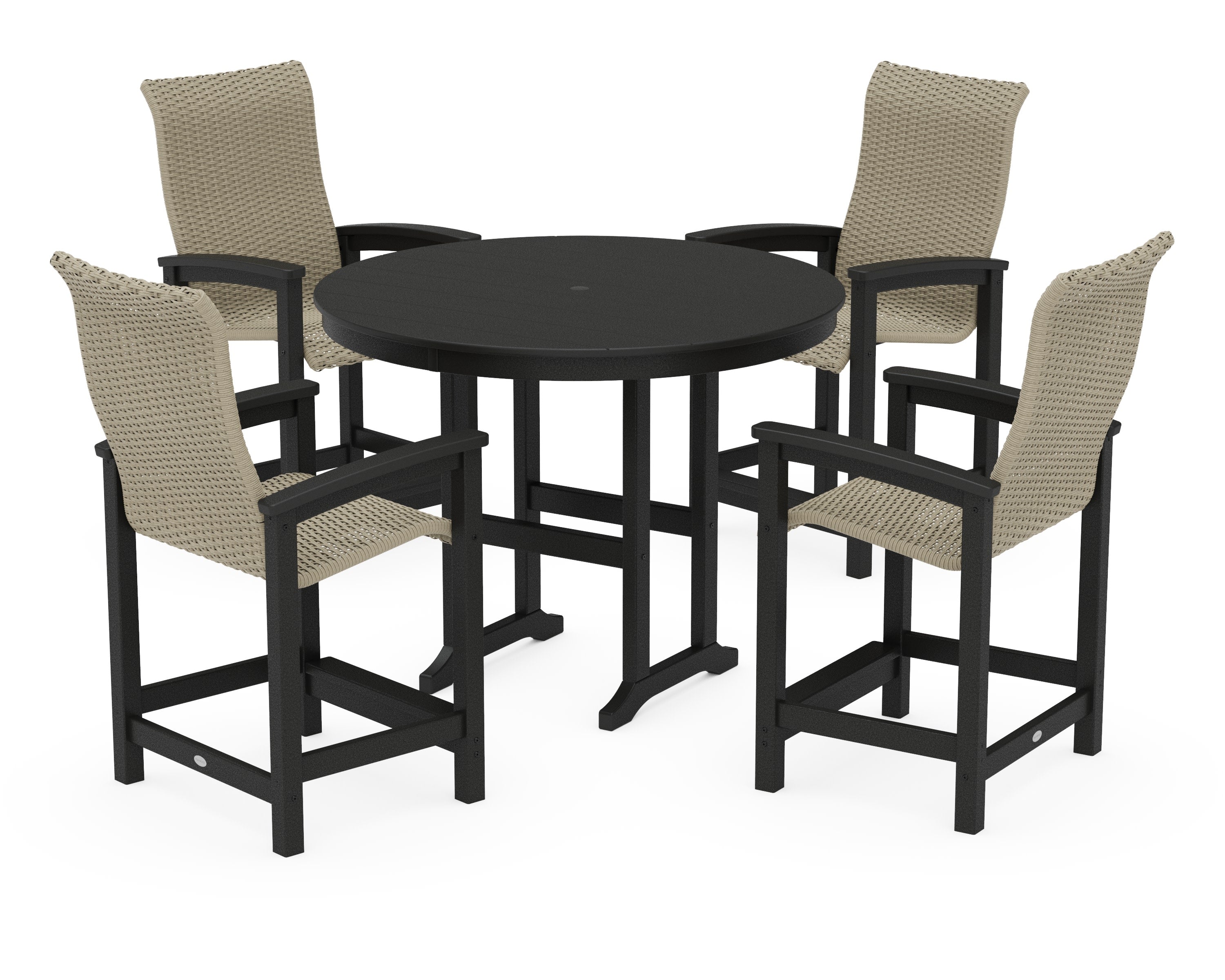 Coastal Woven High-Back 5-Piece Round Farmhouse Counter Set in Black / Dune Grass