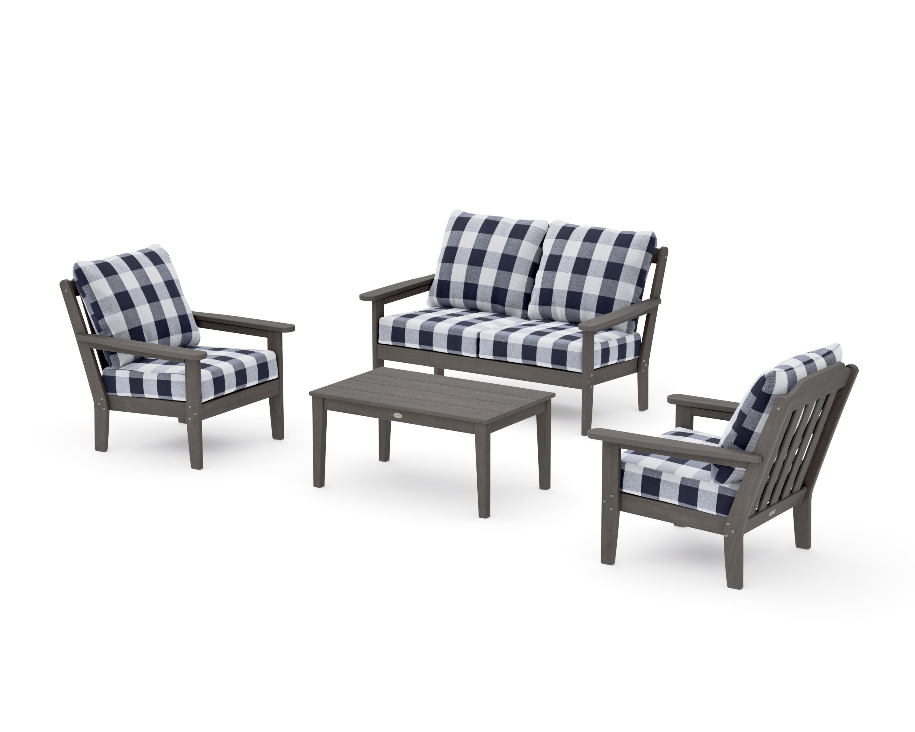 Cottage 4-Piece Deep Seating Set with Loveseat in Driftwood / Buffalo Plaid Navy