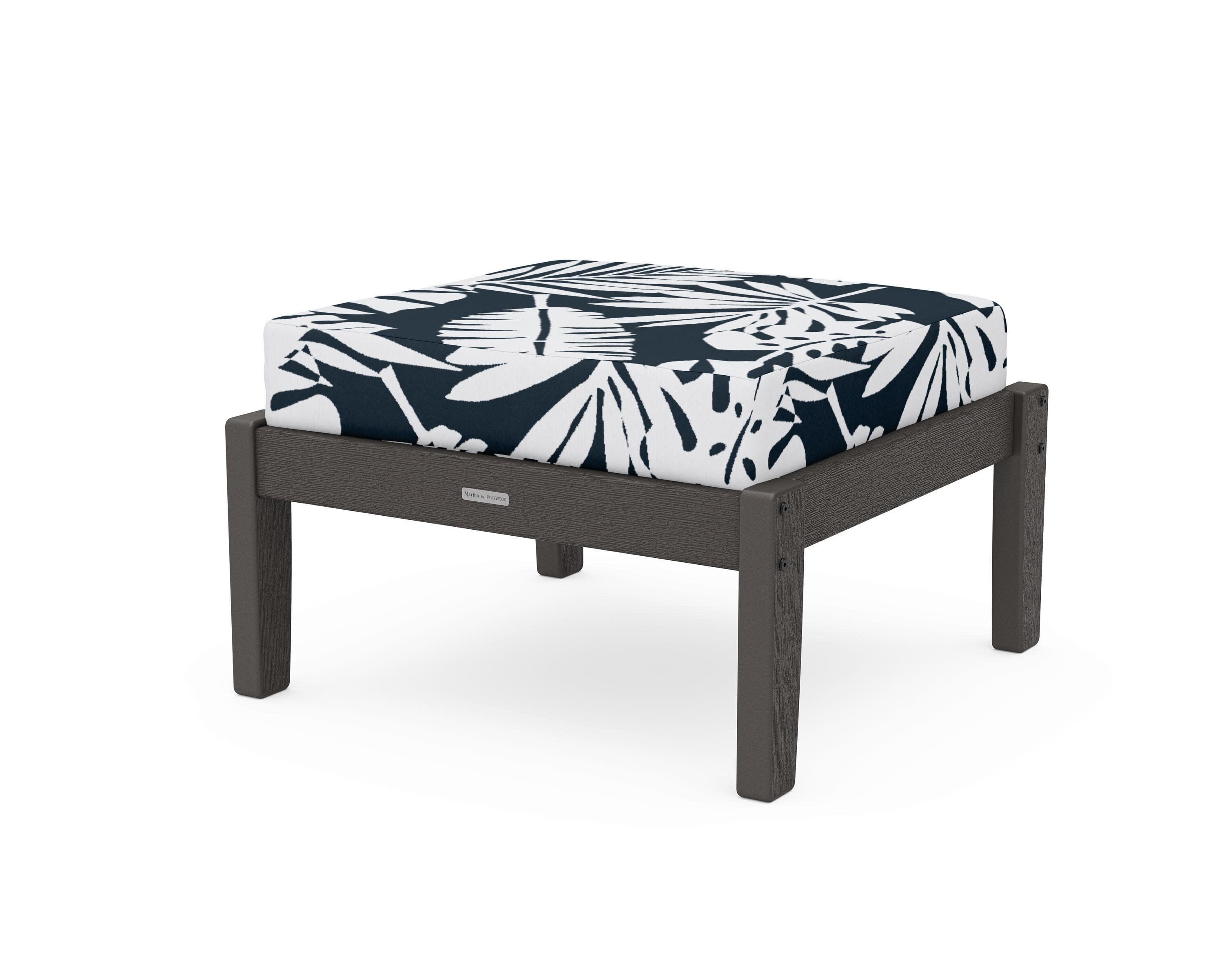Chinoiserie Deep Seating Ottoman in Vintage Coffee / Leaf Marine Indigo