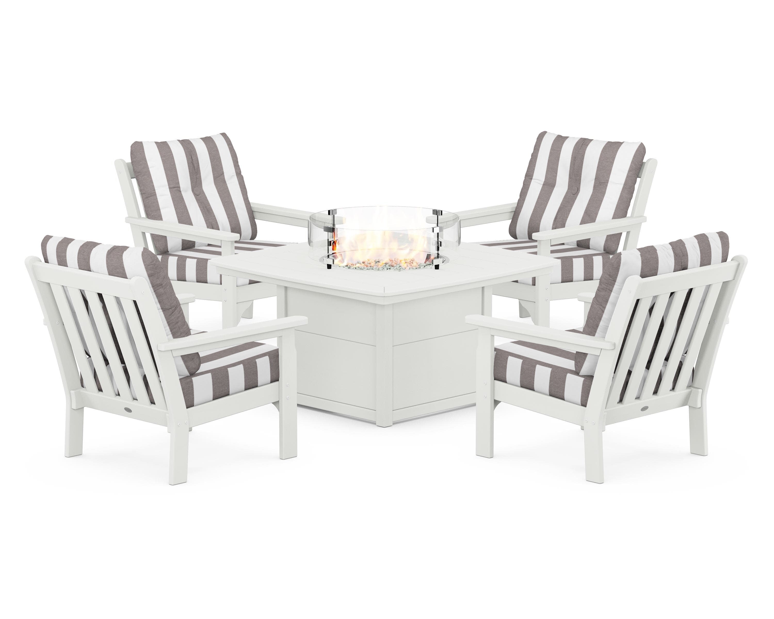 Vineyard 5-Piece Conversation Set with Fire Pit Table in Vintage White / Cabana Stripe Grey Mist