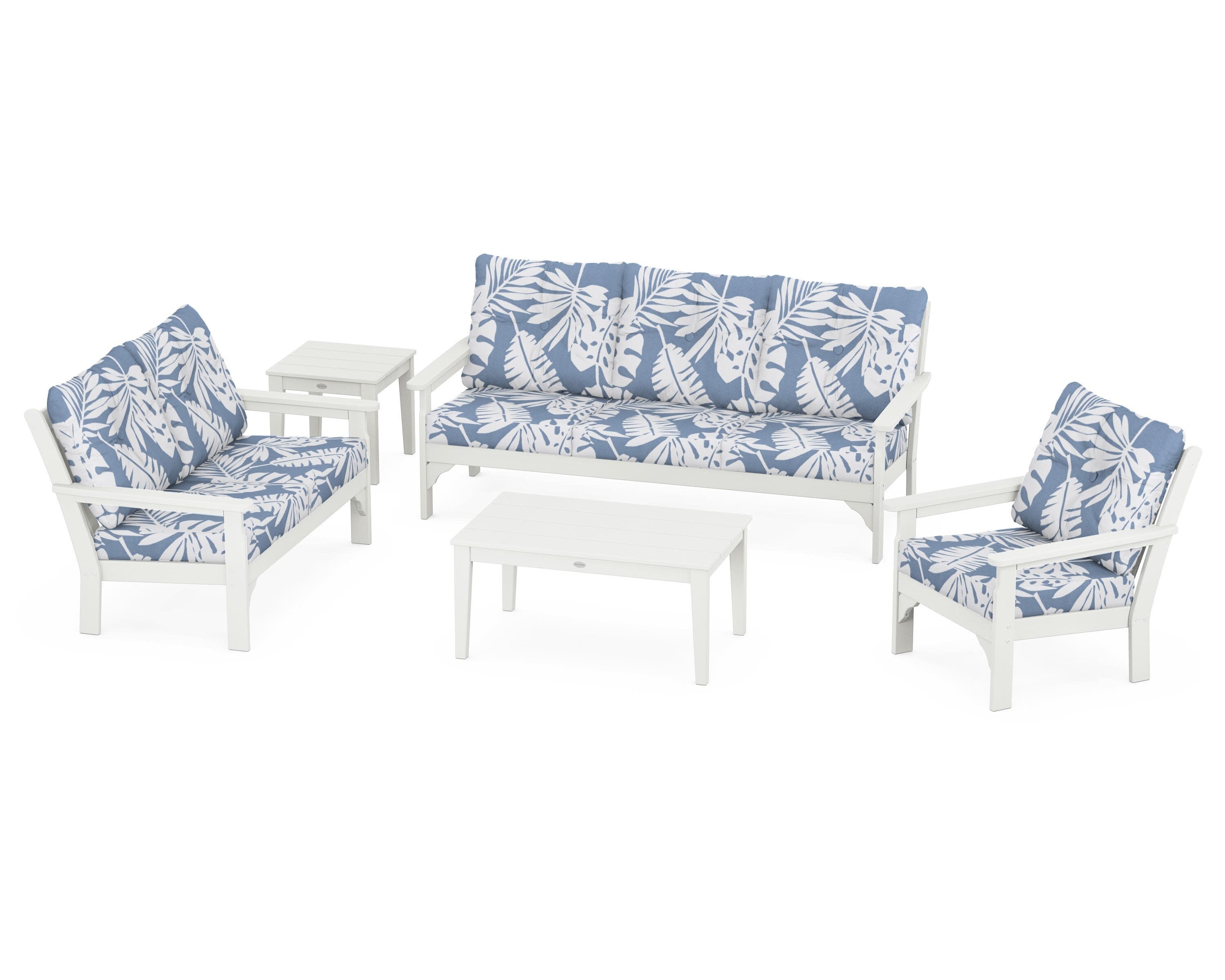 Vineyard 5 Piece Deep Seating Set in Vintage White / Leaf Sky Blue