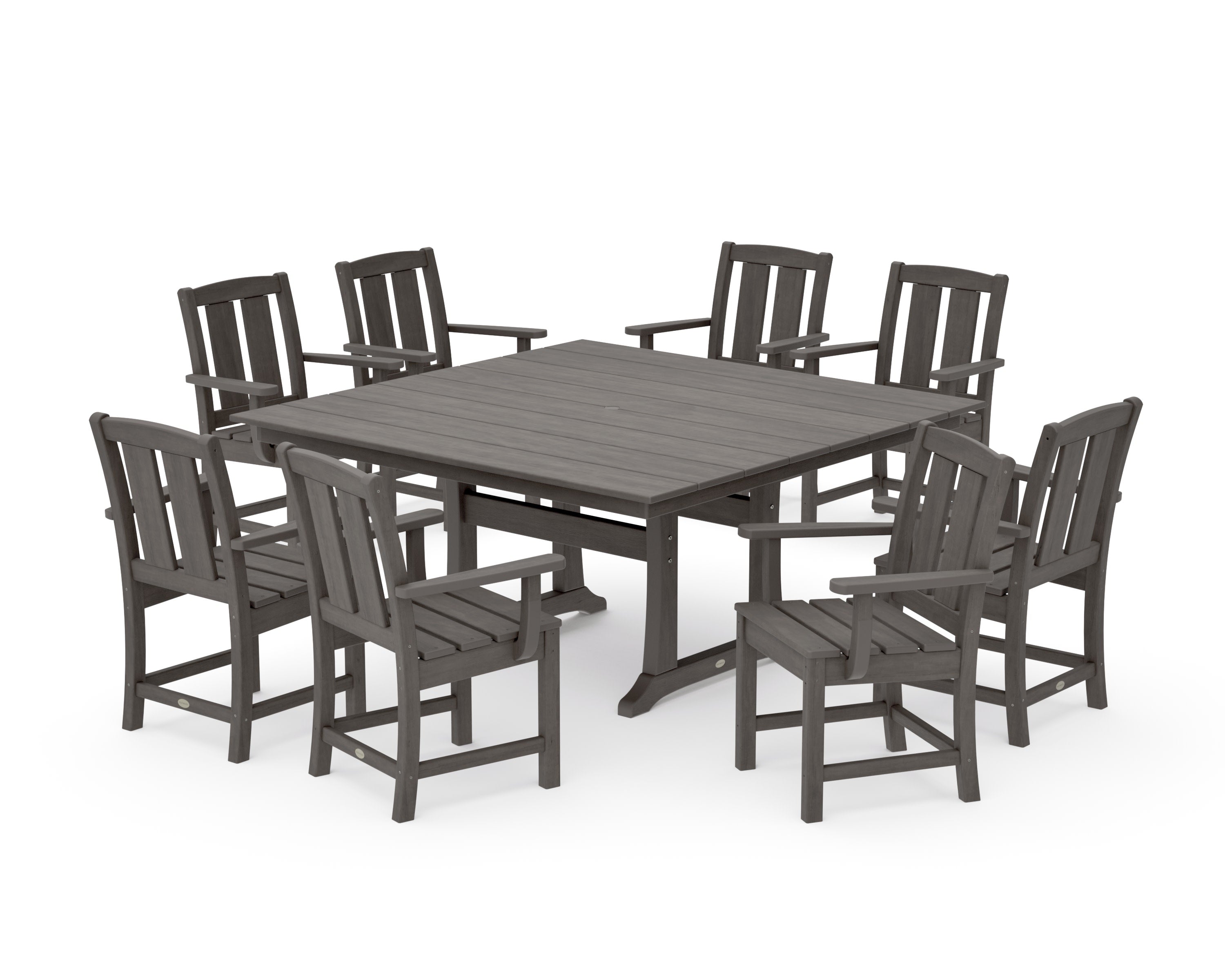 Mission 9-Piece Square Farmhouse Dining Set with Trestle Legs in Driftwood