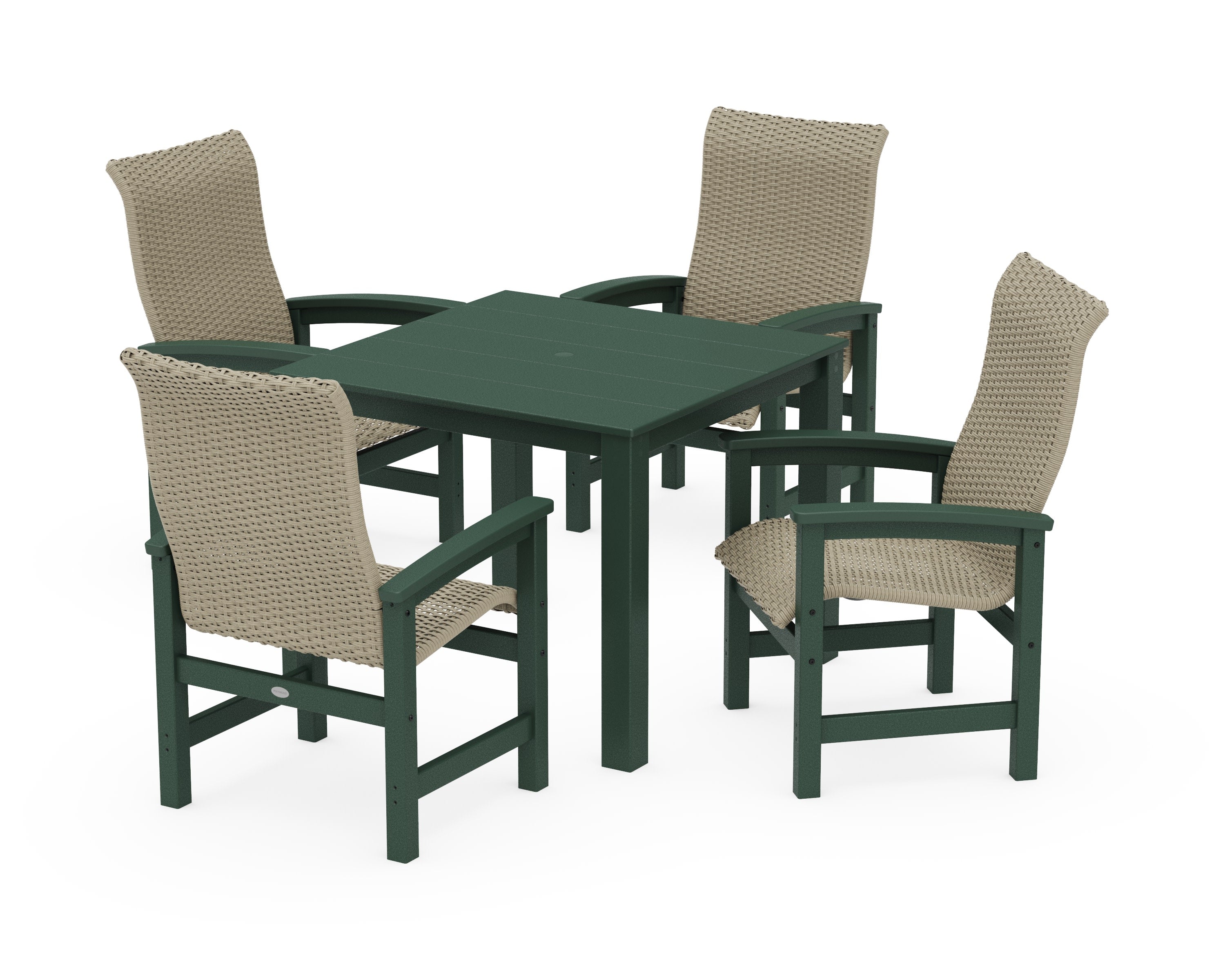 Coastal Woven High-Back 5-Piece Parsons Dining Set in Green / Dune Grass