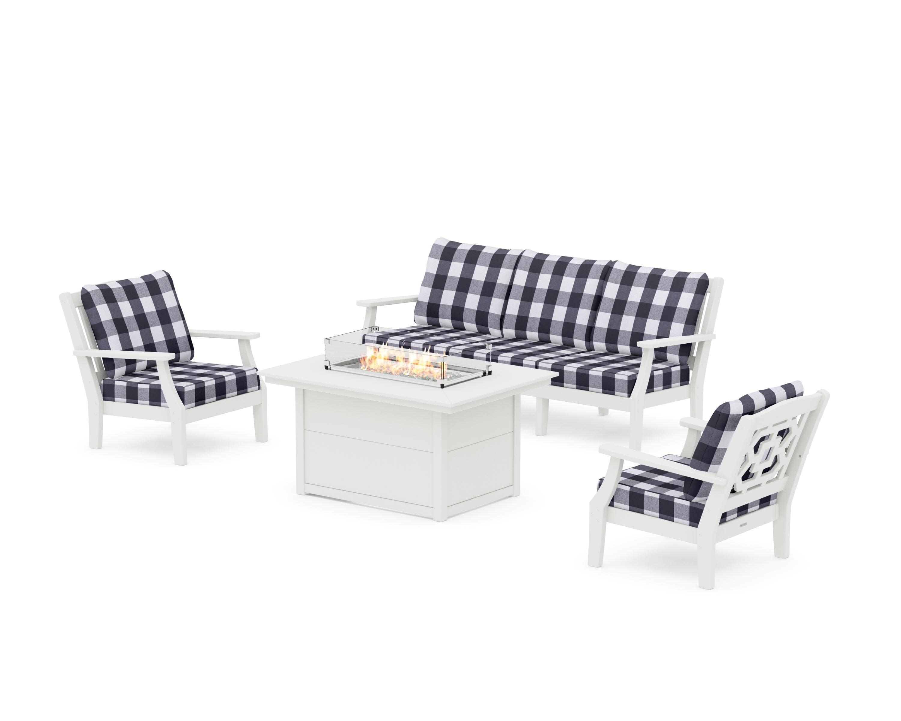 Chinoiserie Deep Seating Fire Pit Table Set in Vintage White / Buffalo Plaid Navy
