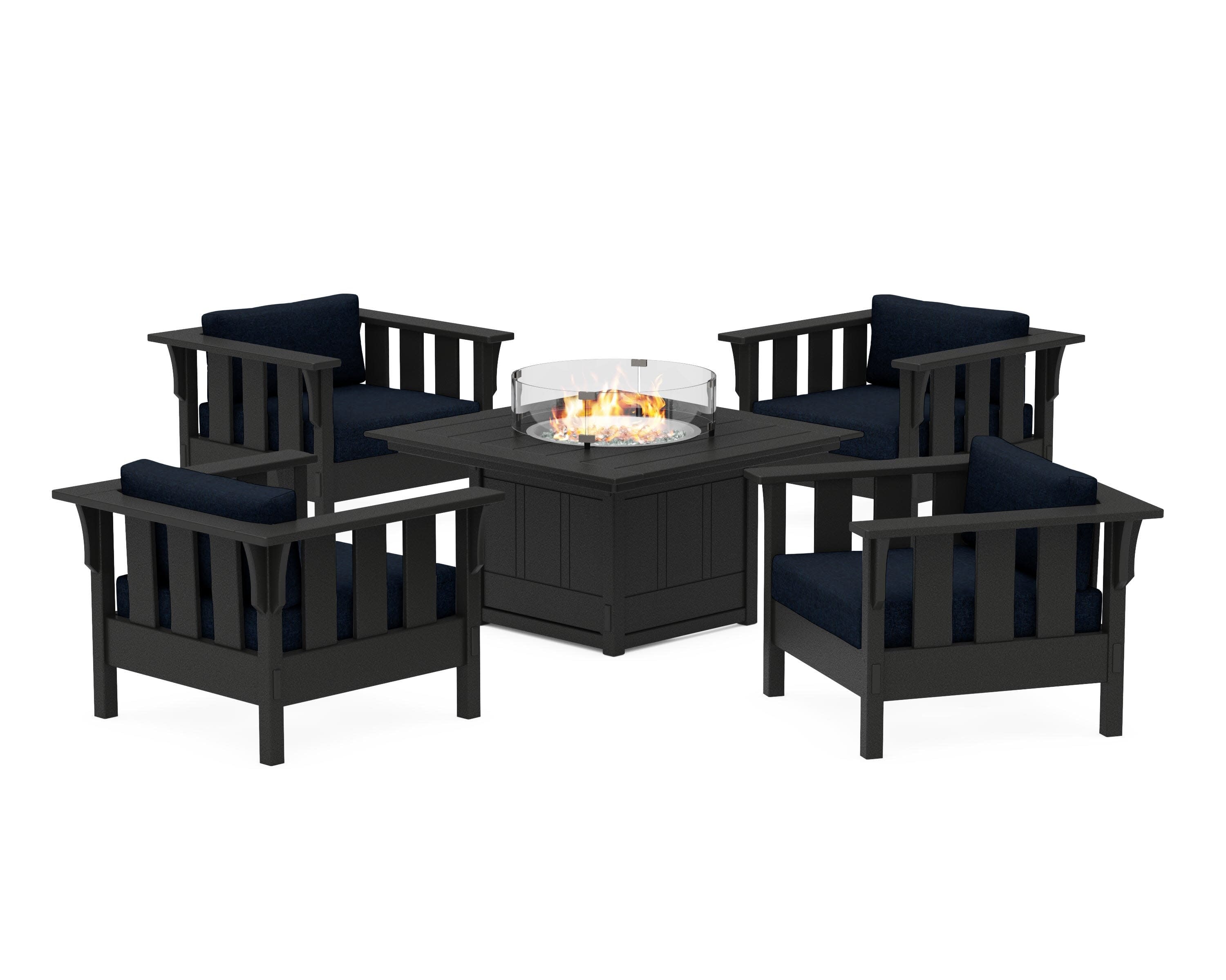 Acadia 5-Piece Deep Seating Set with Fire Pit Table in Black / Marine Indigo