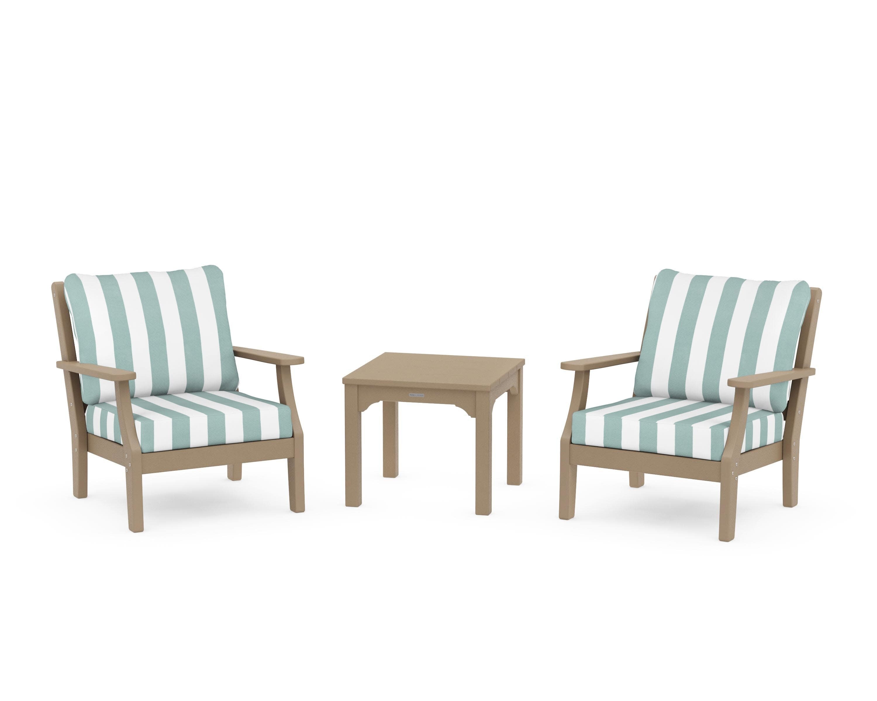 Chinoiserie 3-Piece Deep Seating Set in Vintage Sahara / Cabana Stripe Glacier Spa