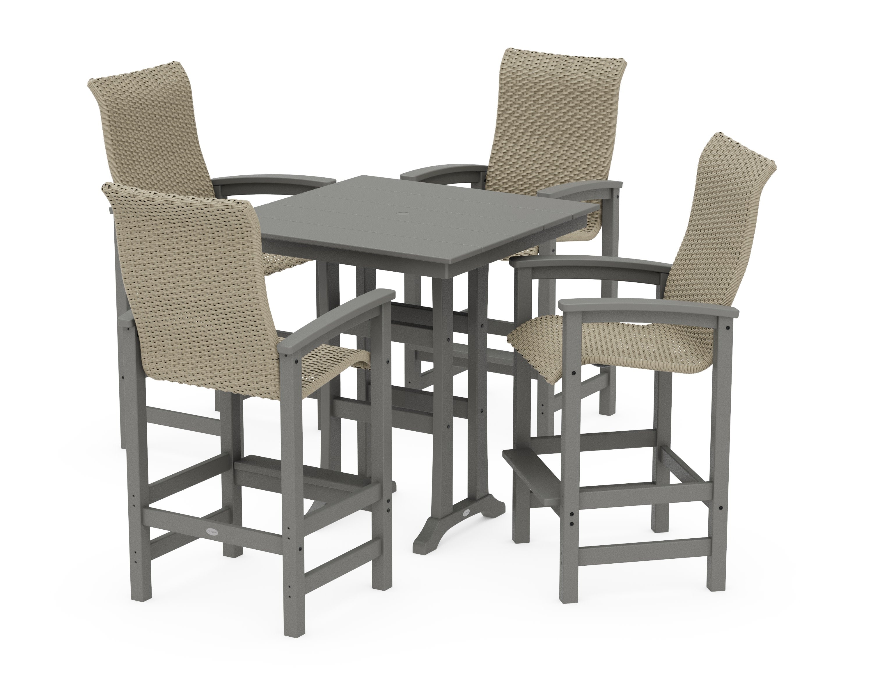Coastal Woven High-Back 5-Piece Farmhouse Bar Set with Trestle Legs in Slate Grey / Dune Grass