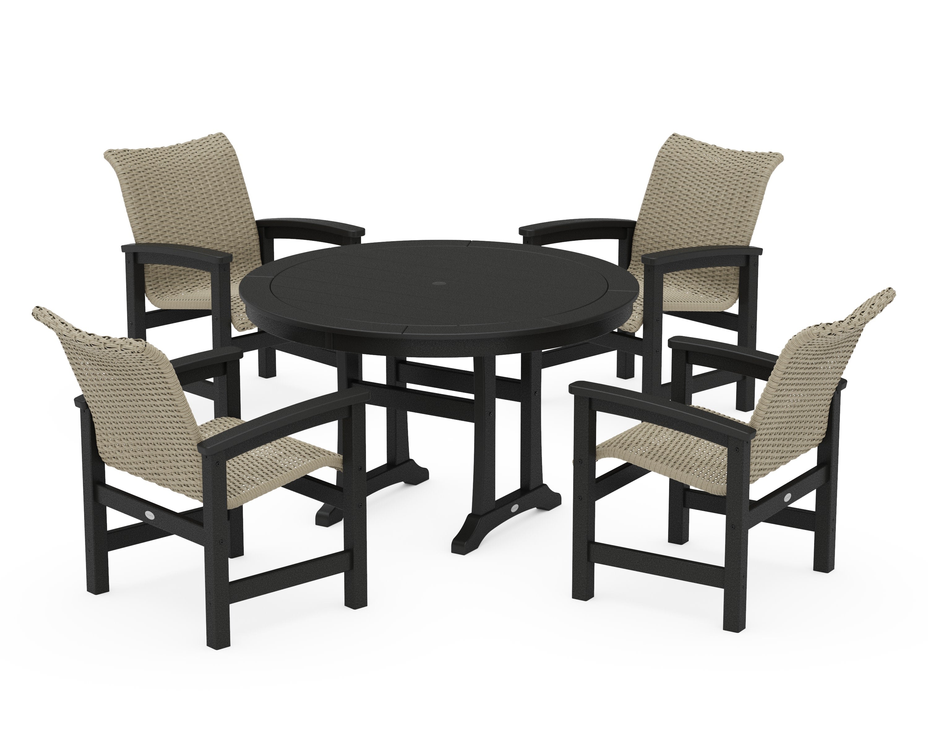 Coastal Woven 5-Piece Round Dining Set with Trestle Legs in Black / Dune Grass