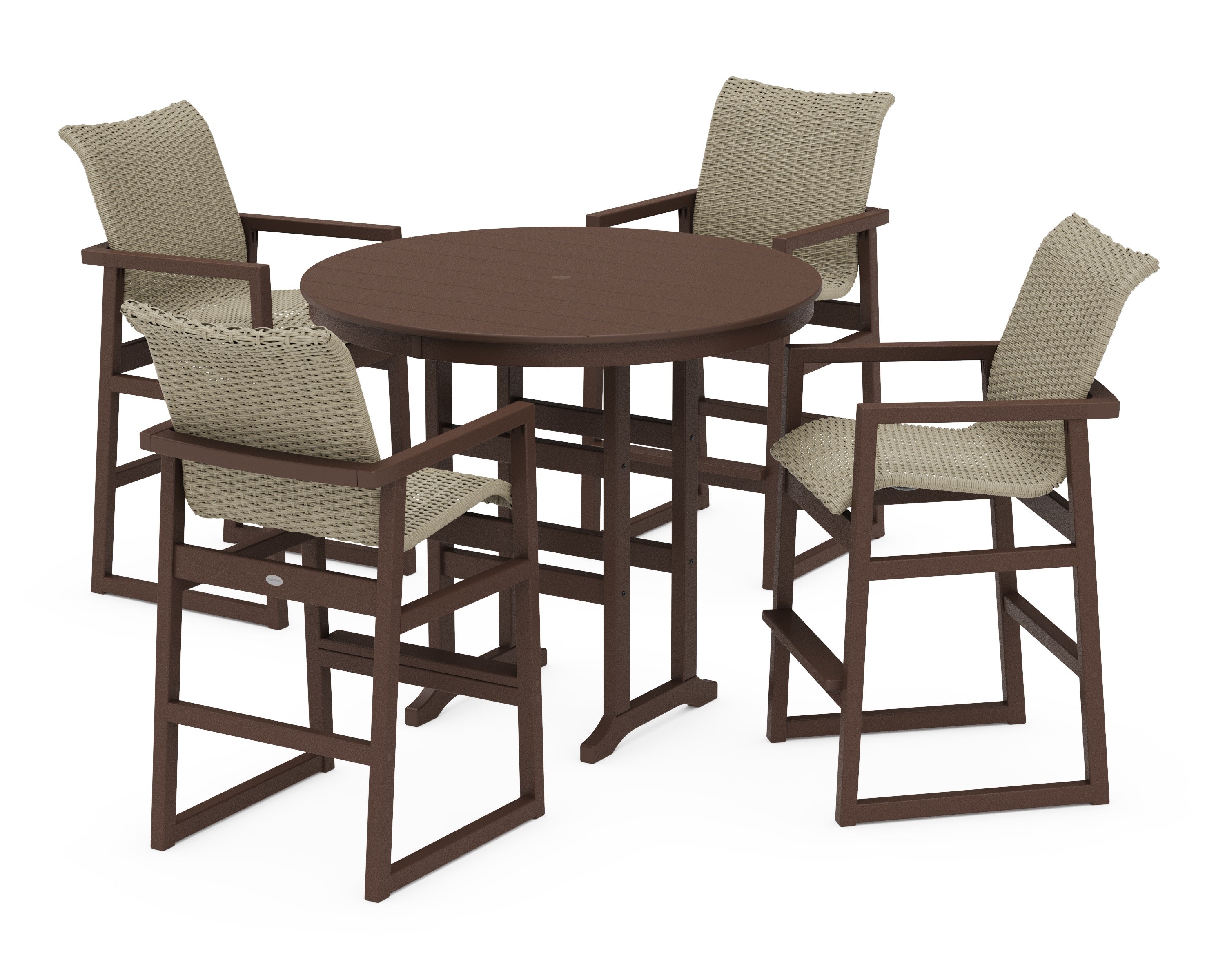EDGE Woven 5-Piece Round Farmhouse Bar Set in Mahogany / Dune Grass