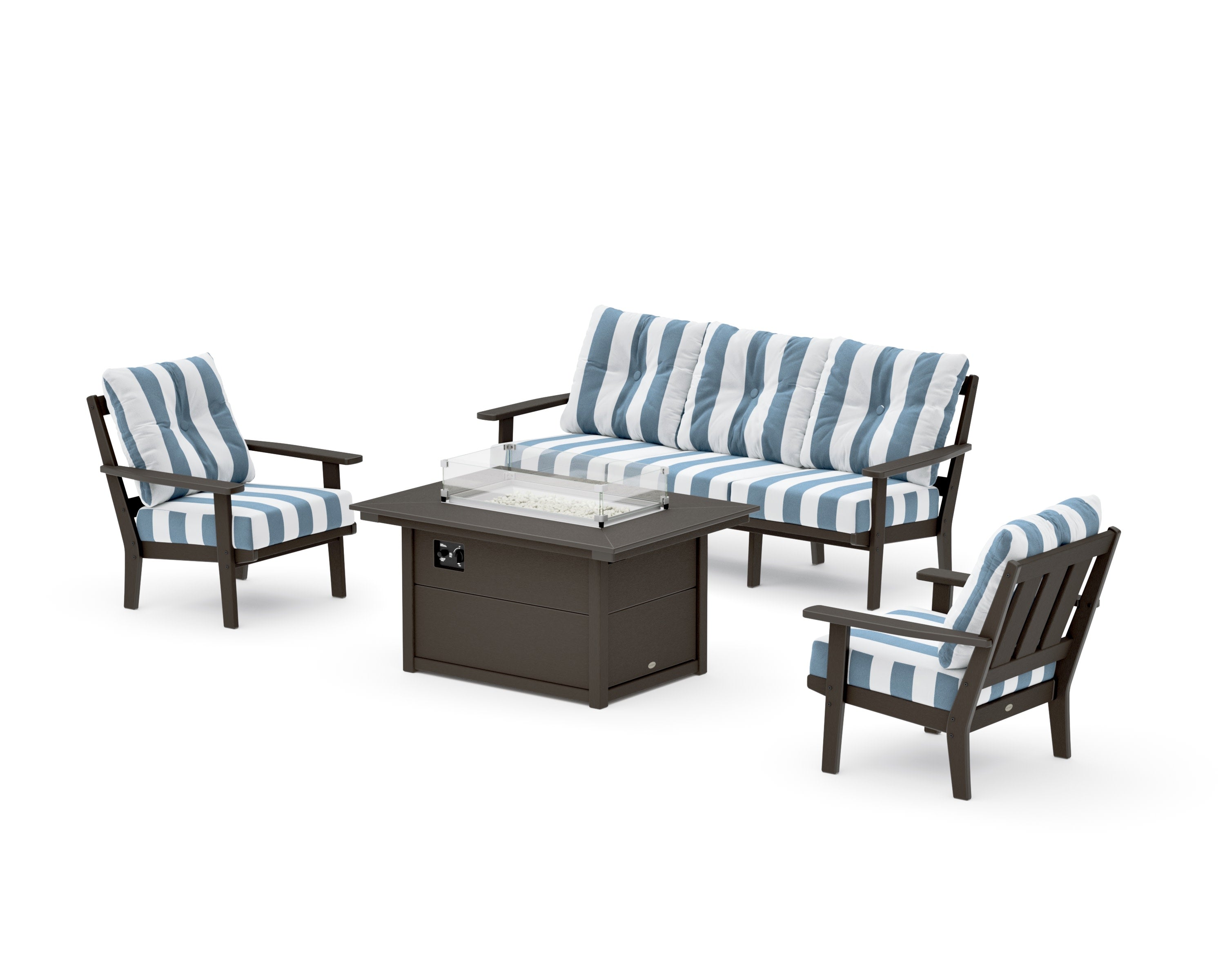 Oxford Deep Seating Fire Pit Table Set in Vintage Coffee / Cabana Stripe Sky Blue
