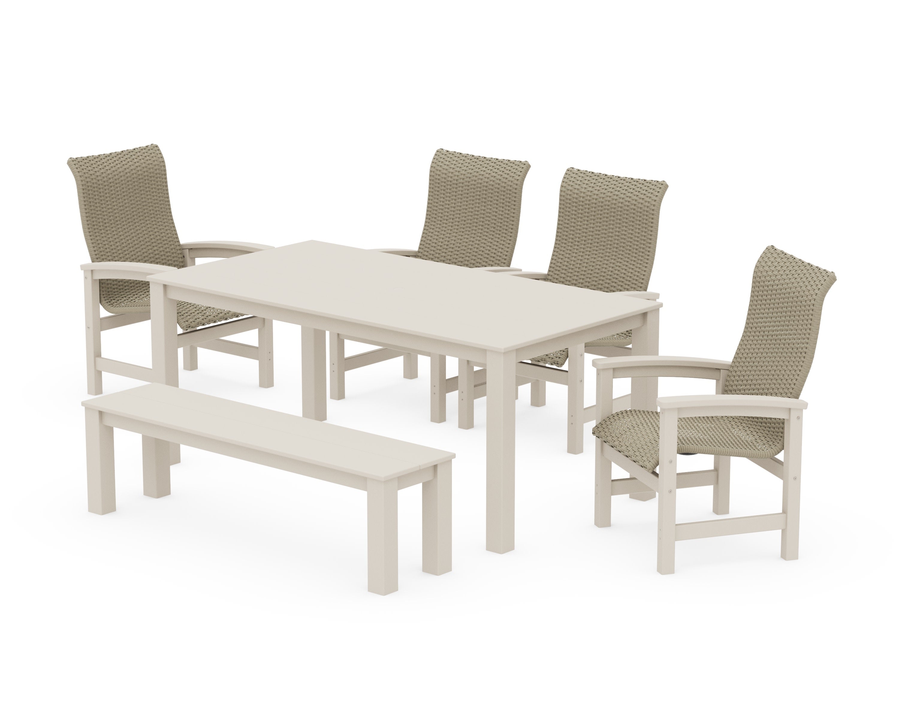 Coastal Woven High-Back 6-Piece Parsons Dining Set with Bench in Sand / Dune Grass