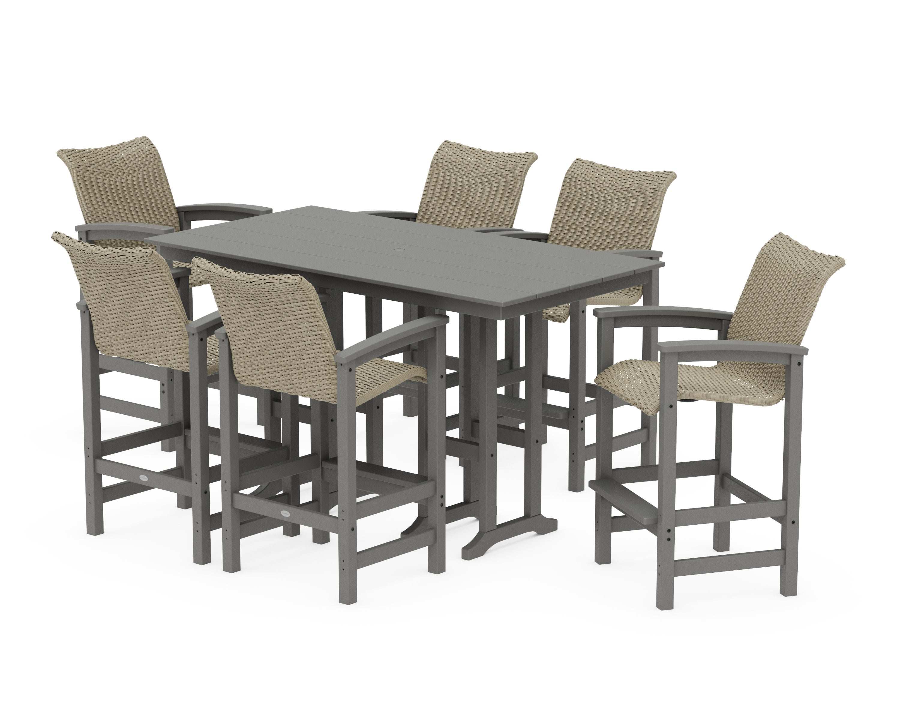 Coastal Woven Arm Chair 7-Piece Farmhouse Bar Set in Slate Grey / Dune Grass