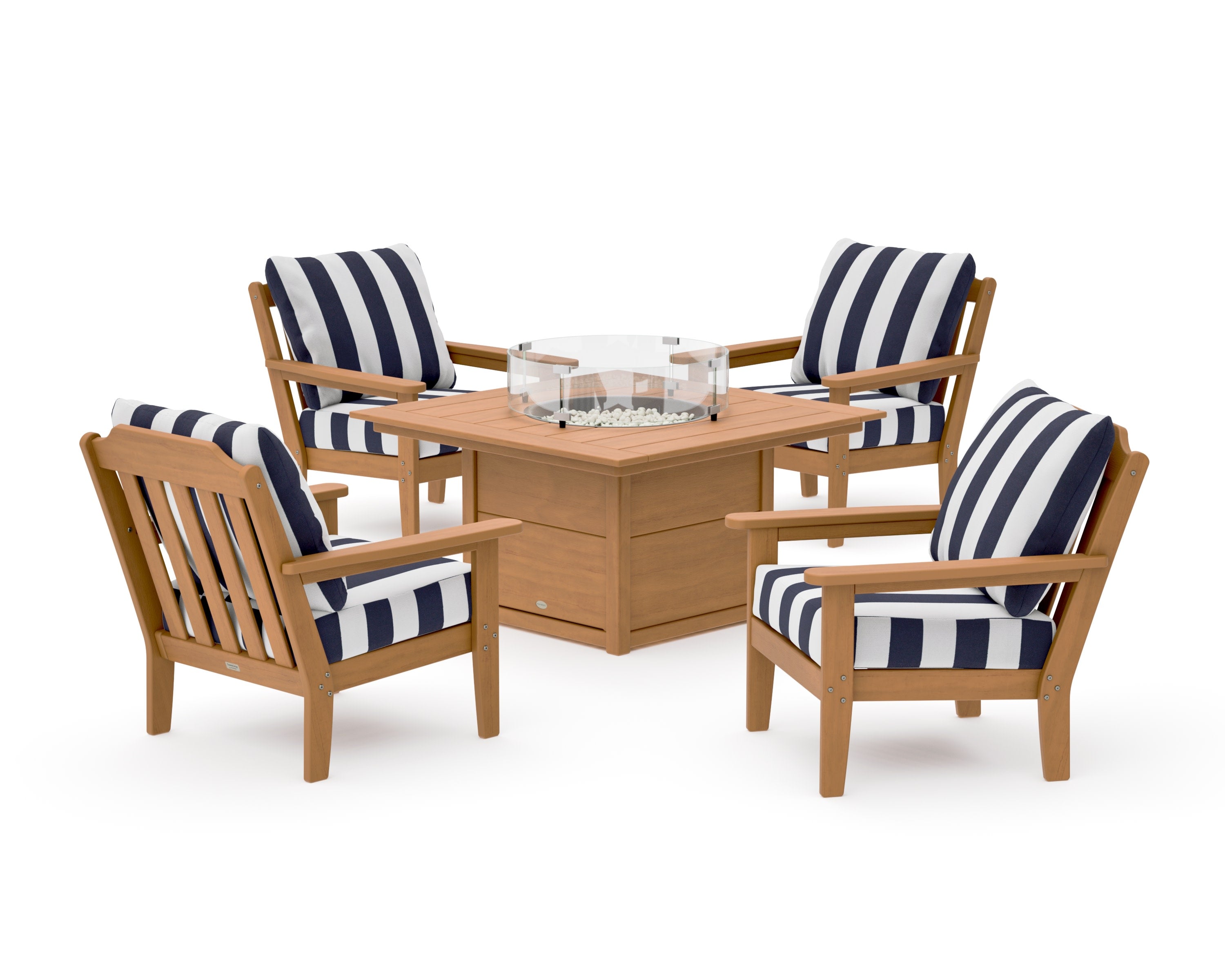 Cottage 5-Piece Deep Seating Set with Fire Pit Table in Natural / Cabana Stripe Navy