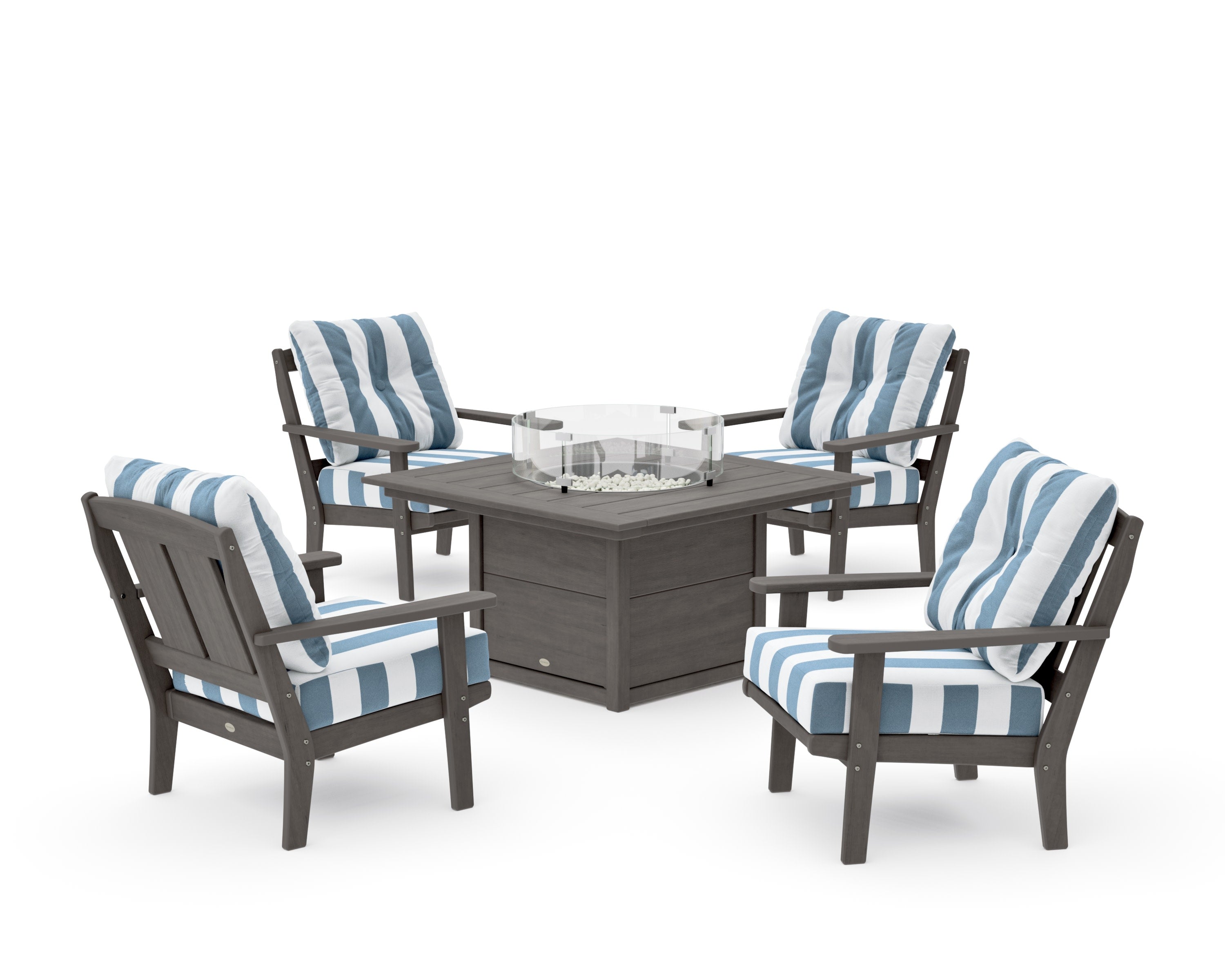 Mission 5-Piece Deep Seating Set with Fire Pit Table in Driftwood / Cabana Stripe Sky Blue