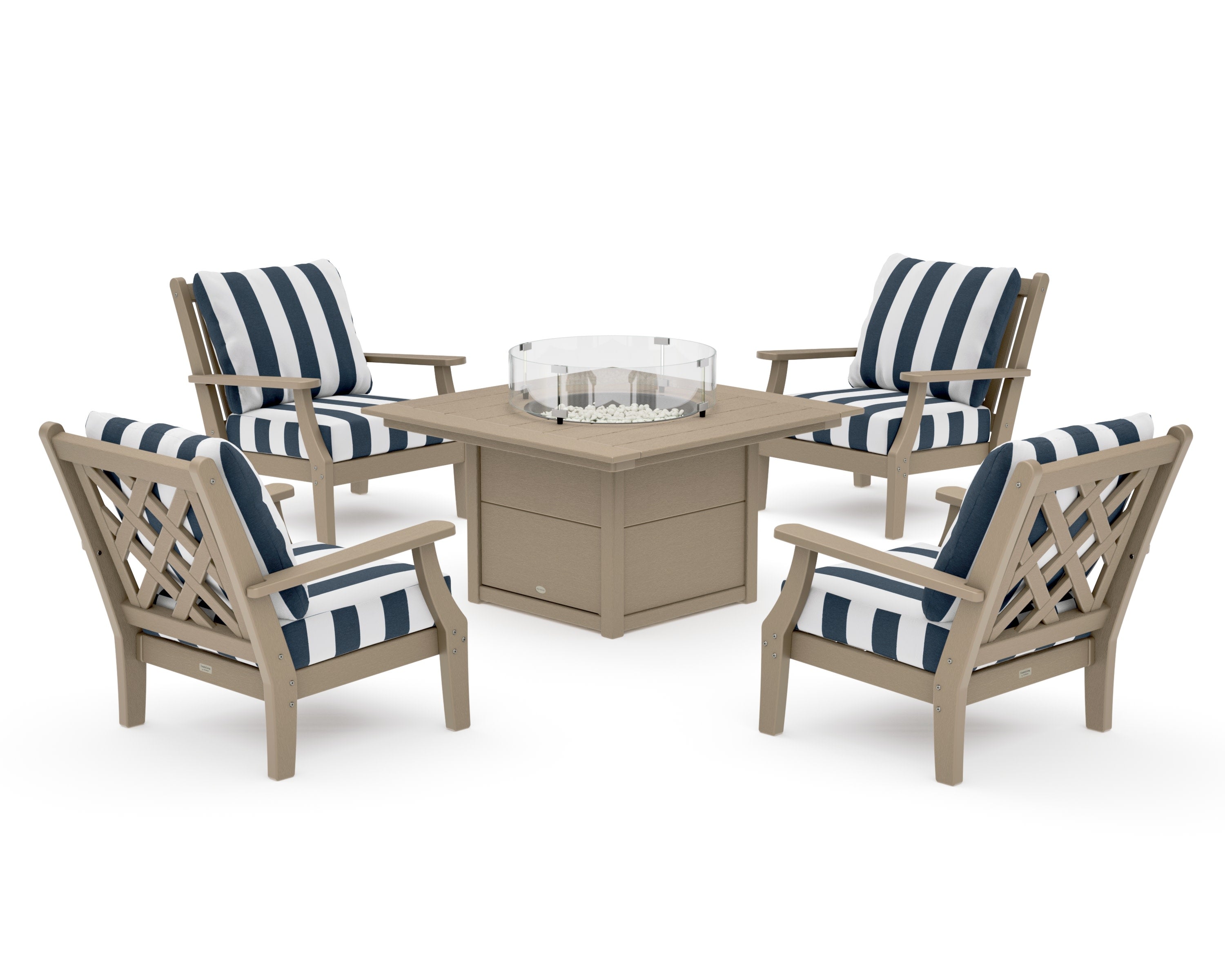 Wovendale 5-Piece Deep Seating Set with Fire Pit Table in Vintage Sahara / Cabana Stripe Marine Indigo