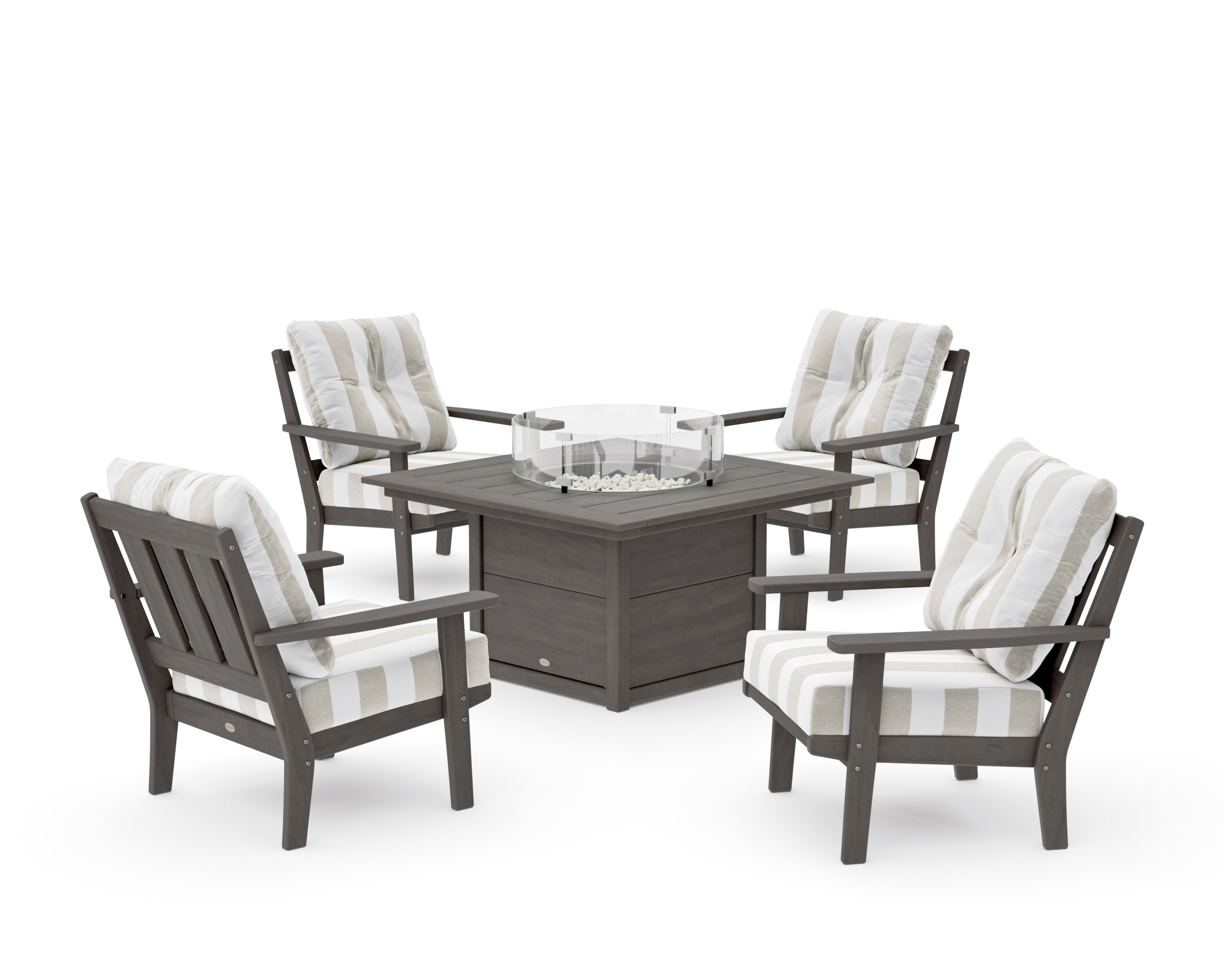 Oxford 5-Piece Deep Seating Set with Fire Pit Table in Driftwood / Cabana Stripe Dune Burlap