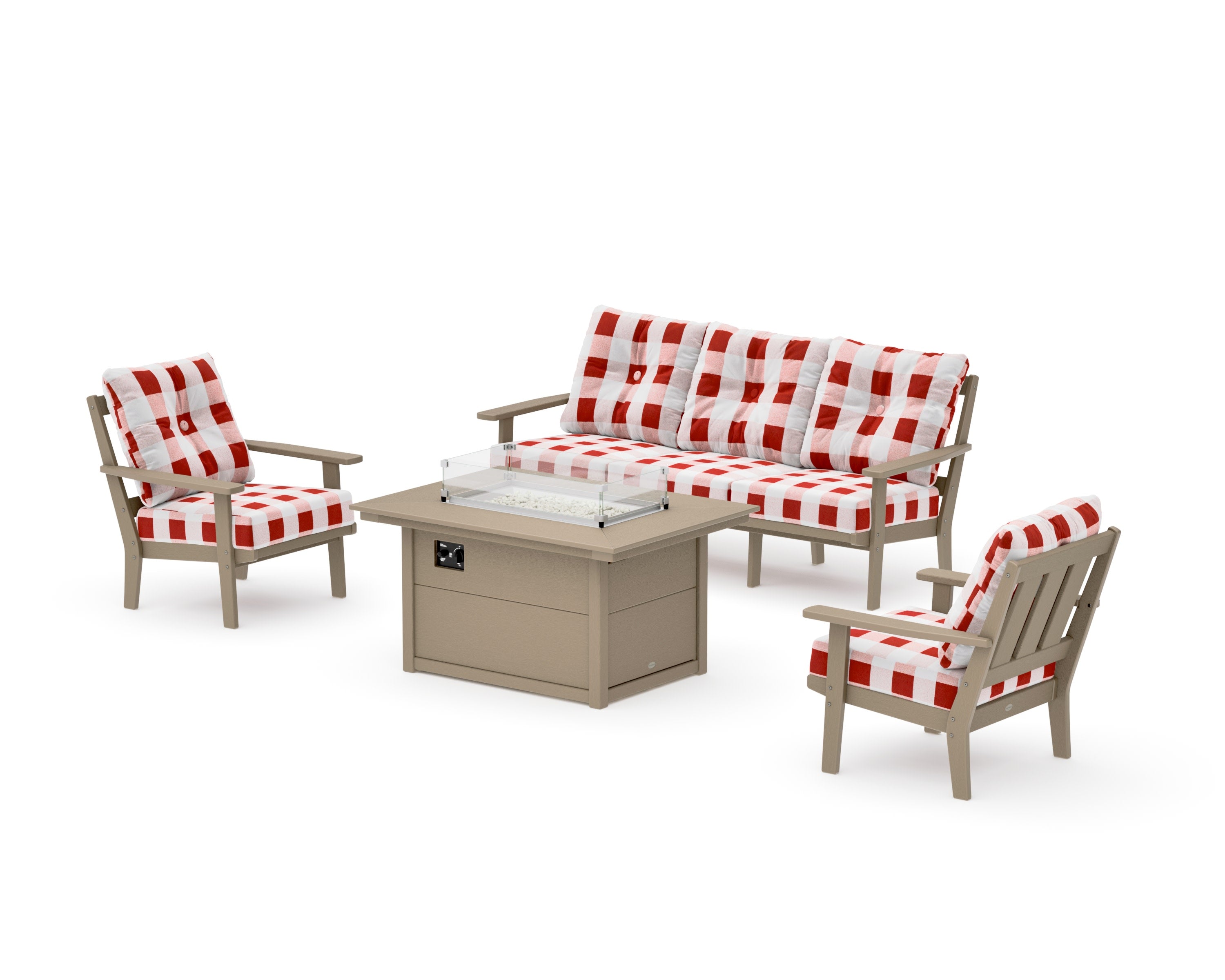 Oxford Deep Seating Fire Pit Table Set in Vintage Sahara / Buffalo Plaid Crimson