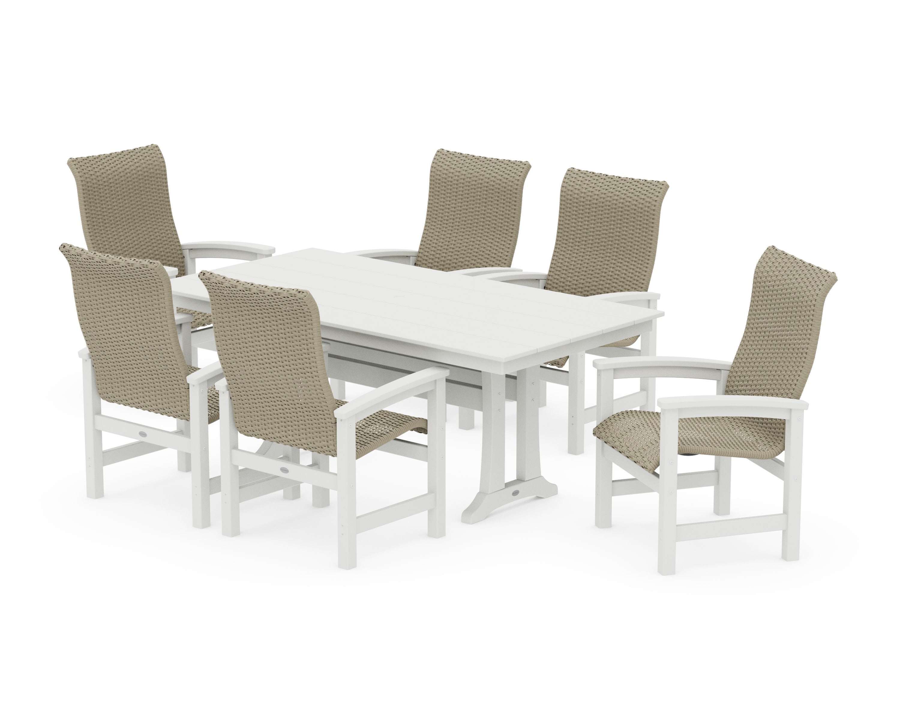 Coastal Woven High-Back Arm Chair 7-Piece Farmhouse Dining Set with Trestle Legs in Vintage White / Dune Grass