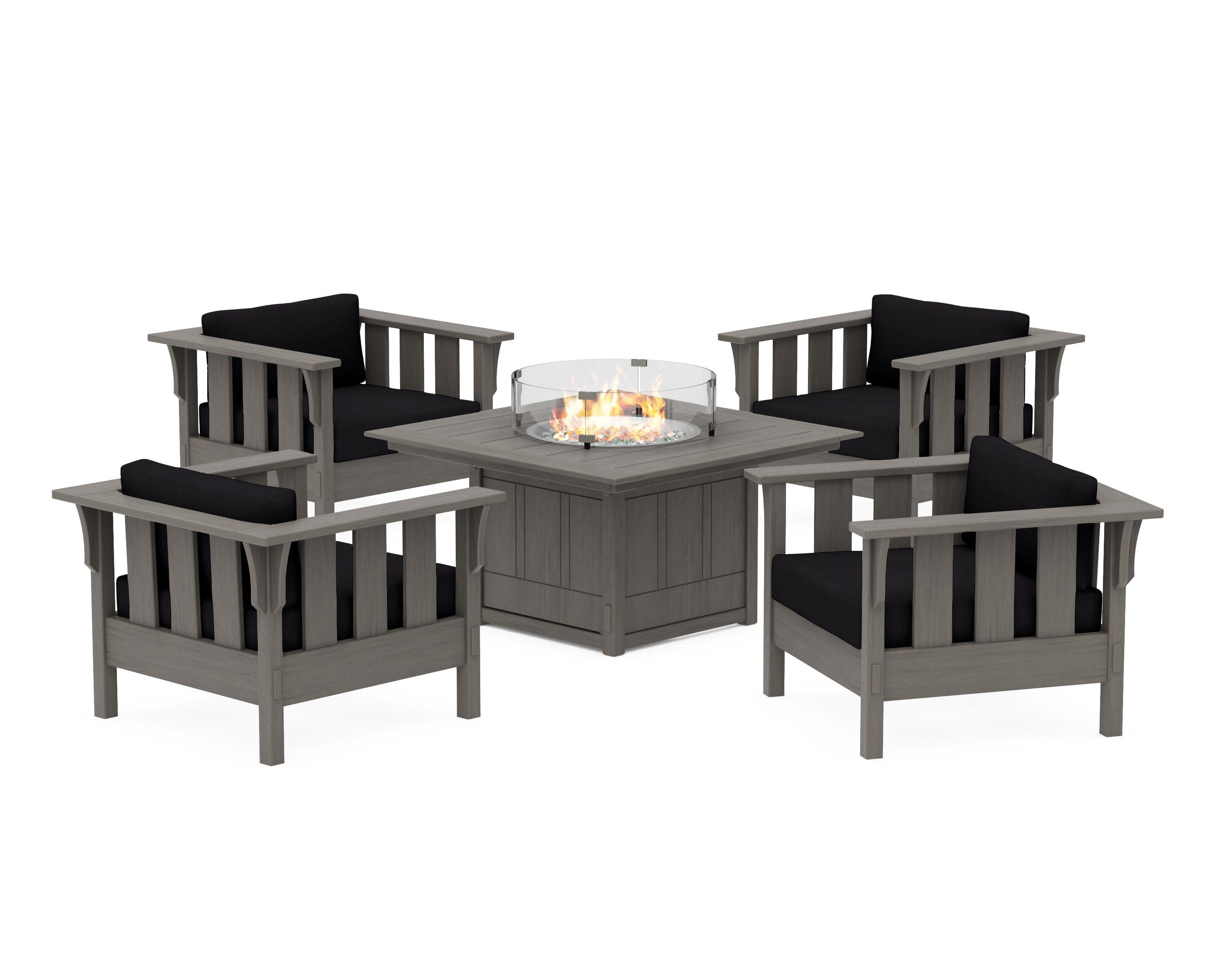 Acadia 5-Piece Deep Seating Set with Fire Pit Table in Driftwood / Midnight Linen