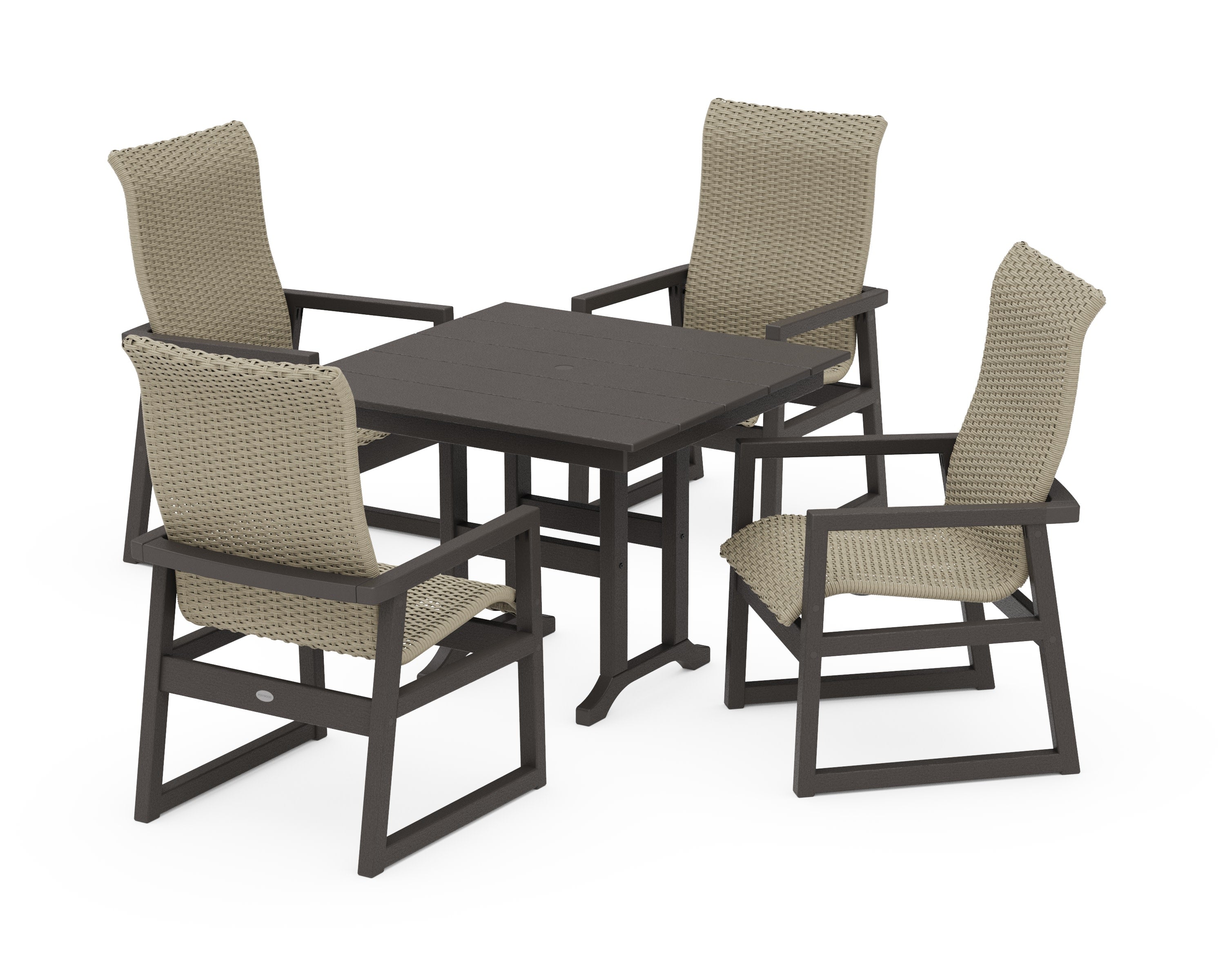 EDGE Woven Highback 5-Piece Farmhouse Dining Set in Vintage Coffee / Dune Grass