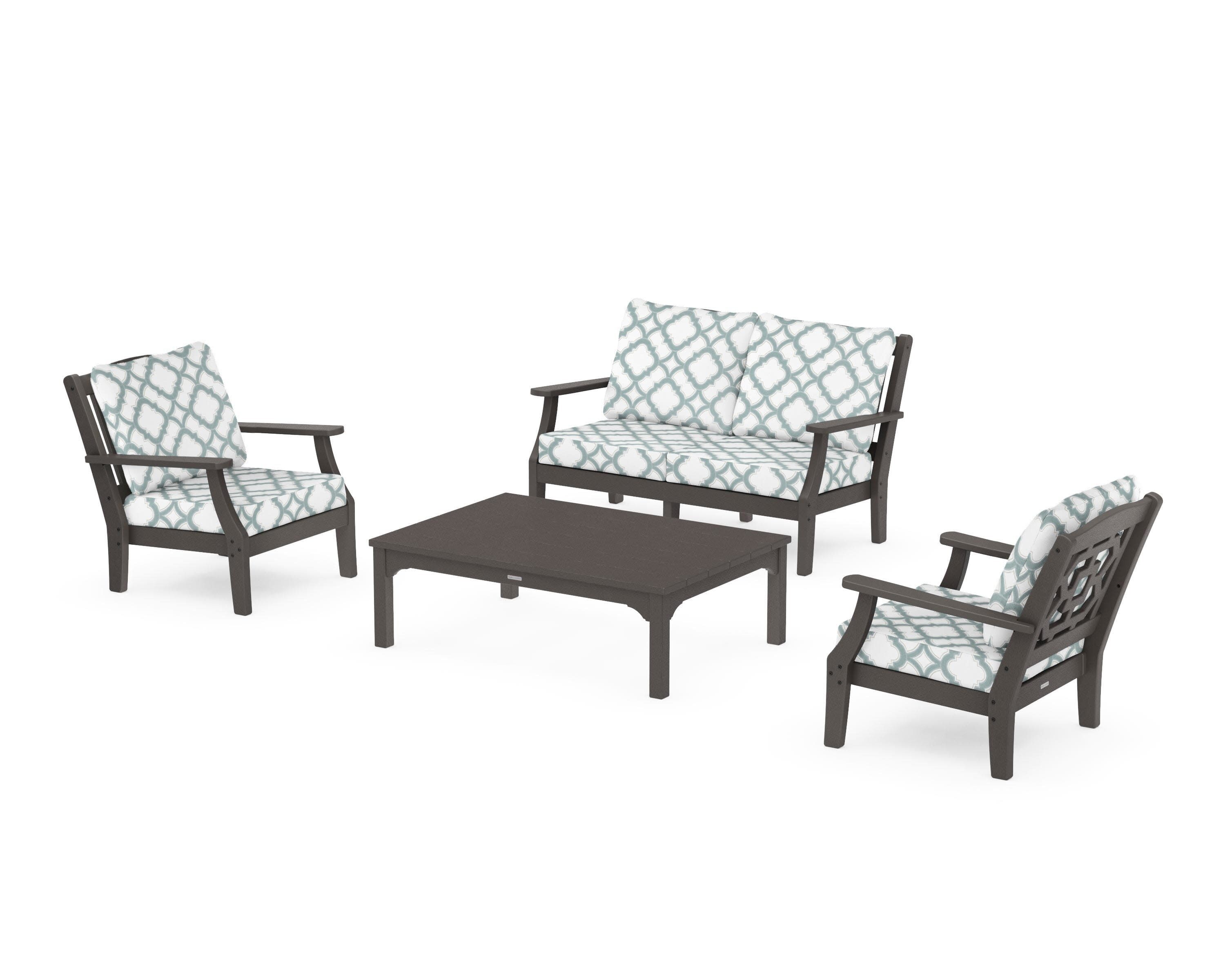 Chinoiserie 4-Piece Deep Seating Set with Loveseat in Vintage Coffee / Trellis Glacier Spa