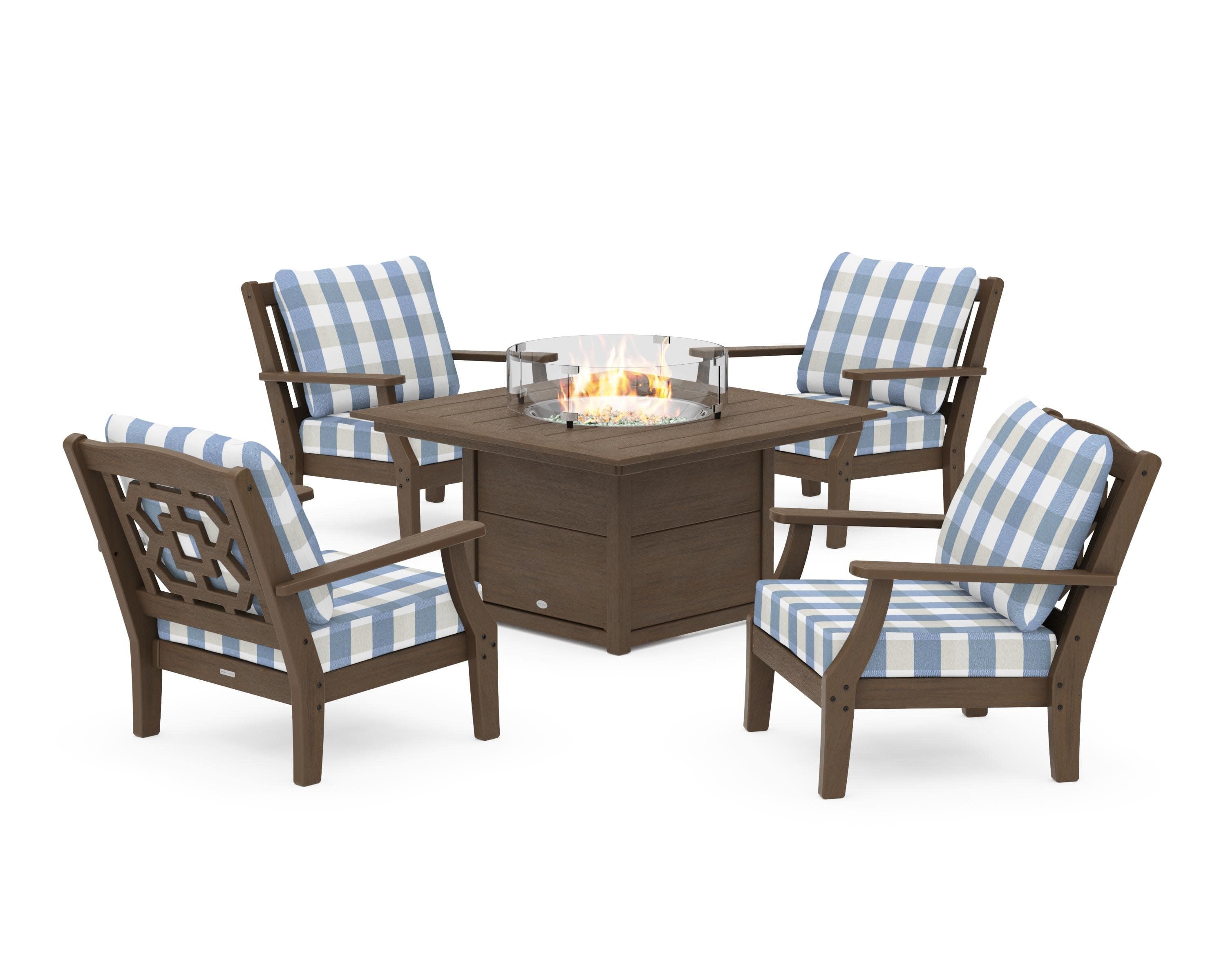 Chinoiserie 5-Piece Deep Seating Set with Fire Pit Table in Kona / Buffalo Plaid Sky Blue