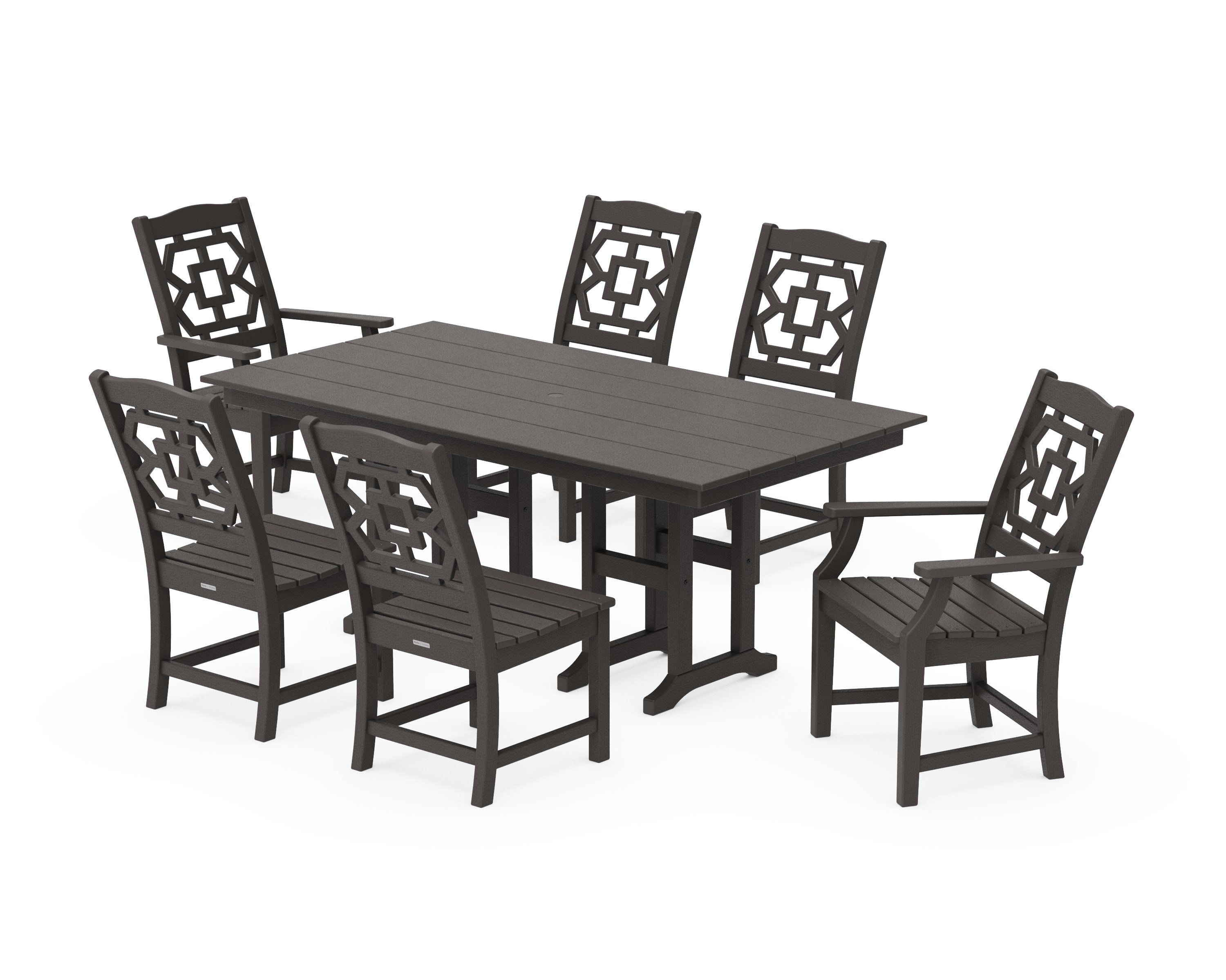 Chinoiserie 7-Piece Farmhouse Dining Set in Vintage Coffee
