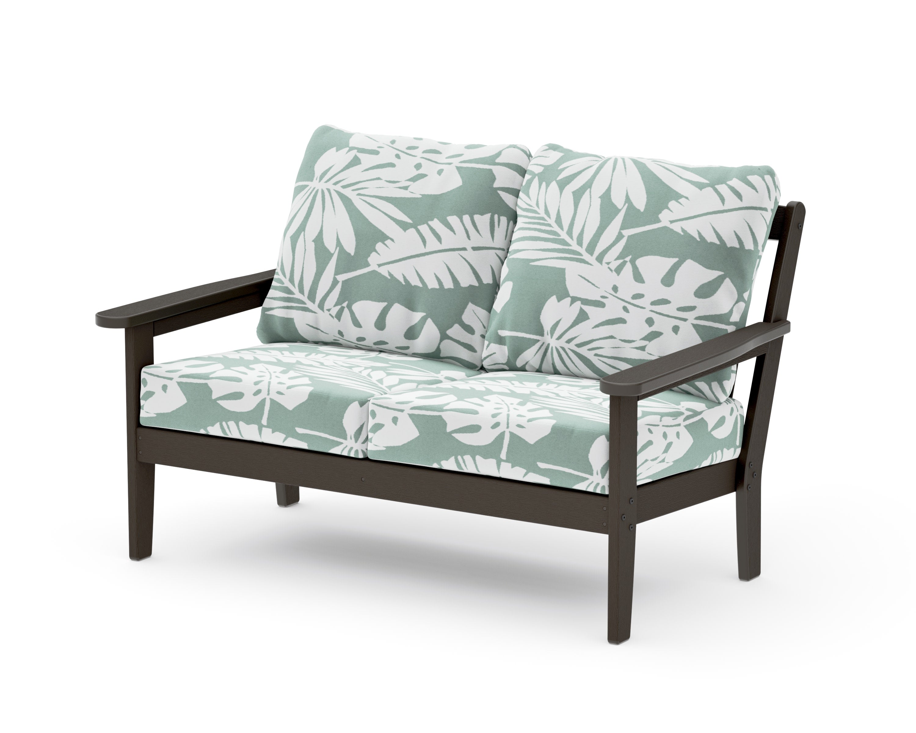 Cottage Deep Seating Loveseat in Vintage Coffee / Leaf Glacier Spa