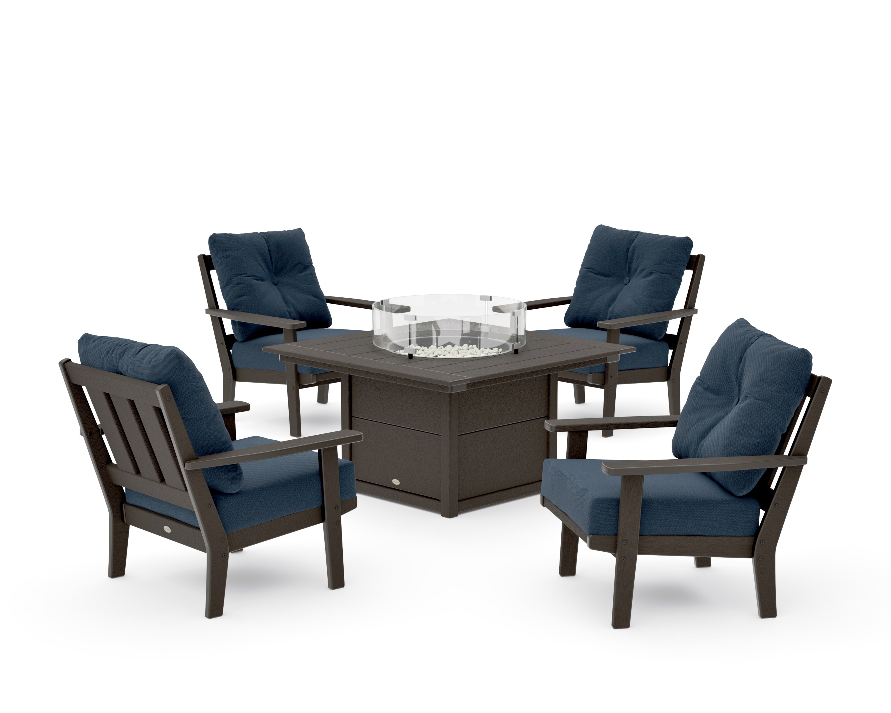 Oxford 5-Piece Deep Seating Set with Fire Pit Table in Vintage Coffee / Marine Indigo